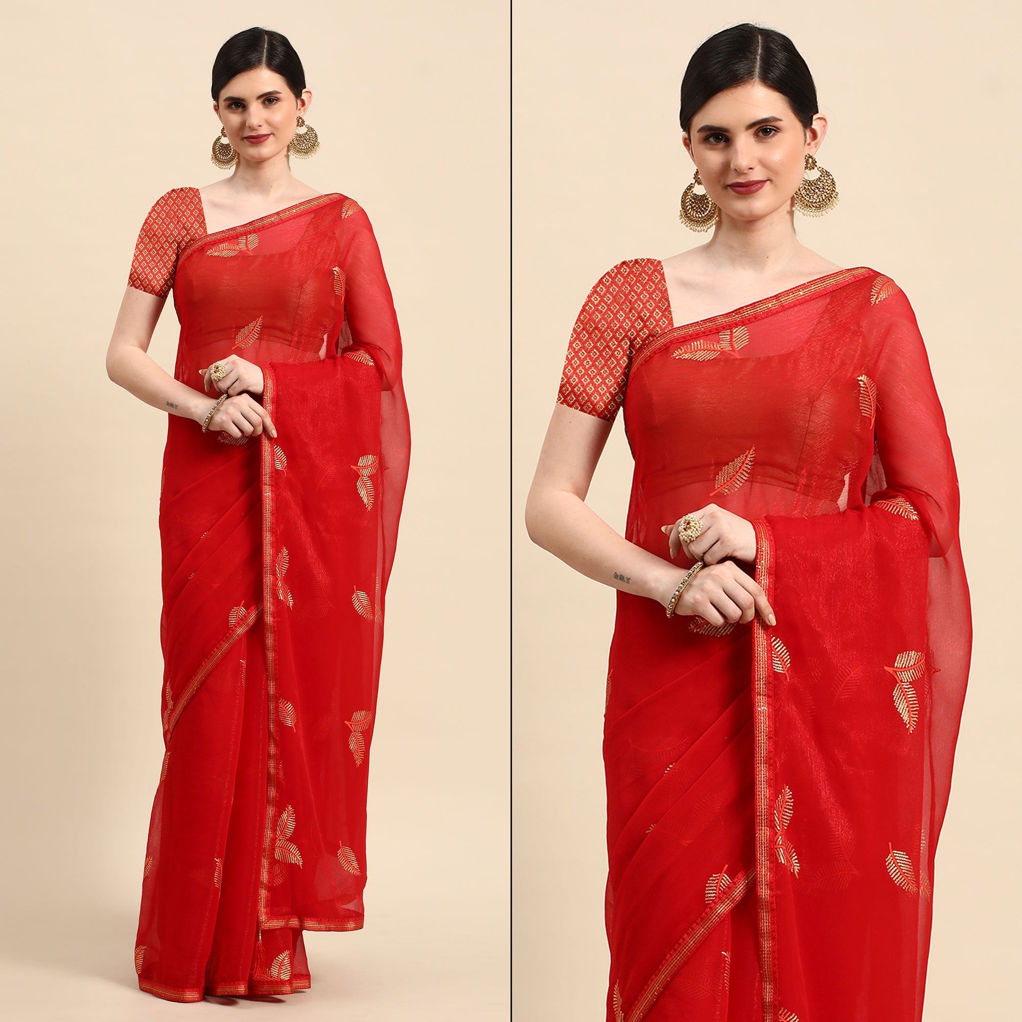 Red Sequins Embroidered Chiffon Saree With Tassels