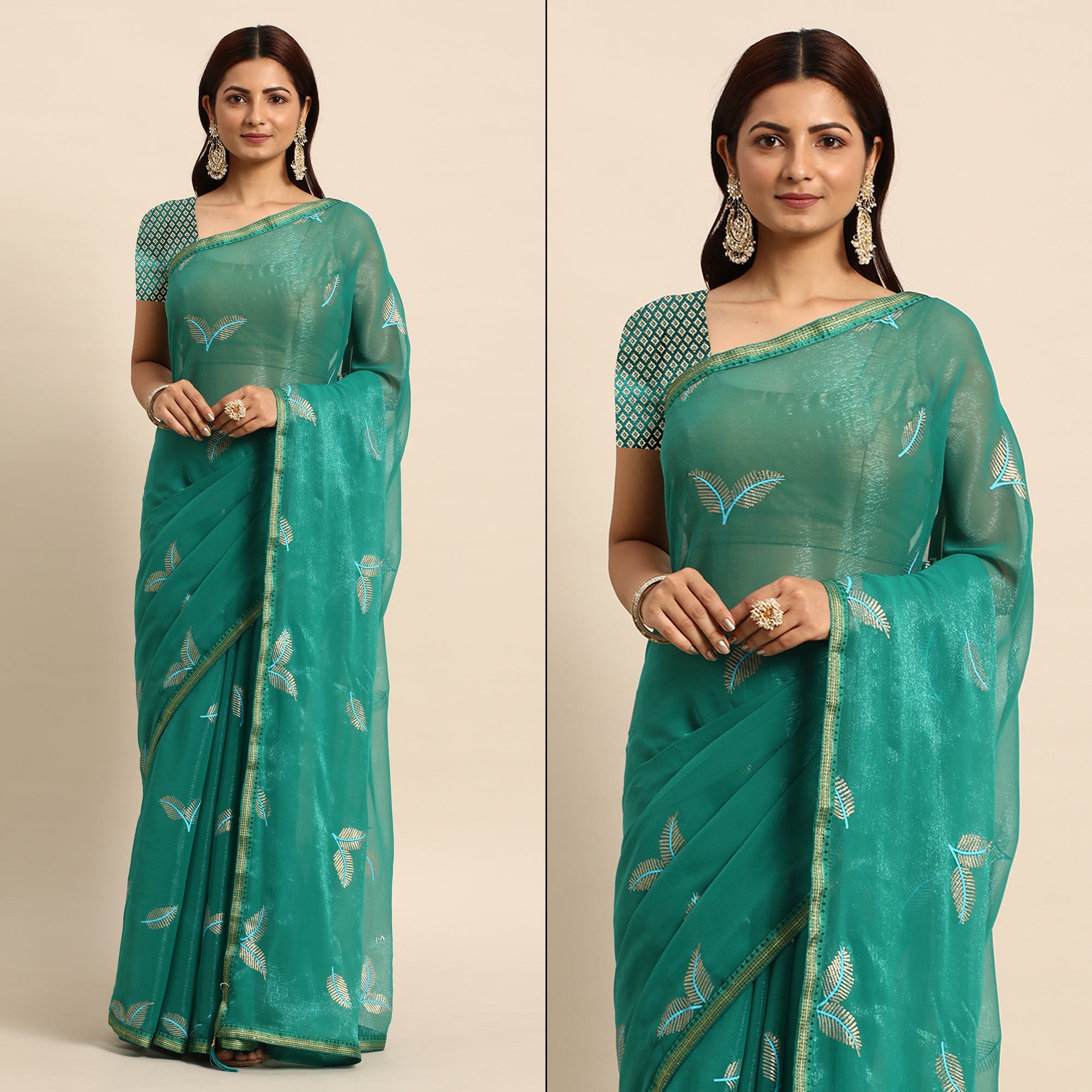Turquoise Sequins Embroidered Chiffon Saree With Tassels
