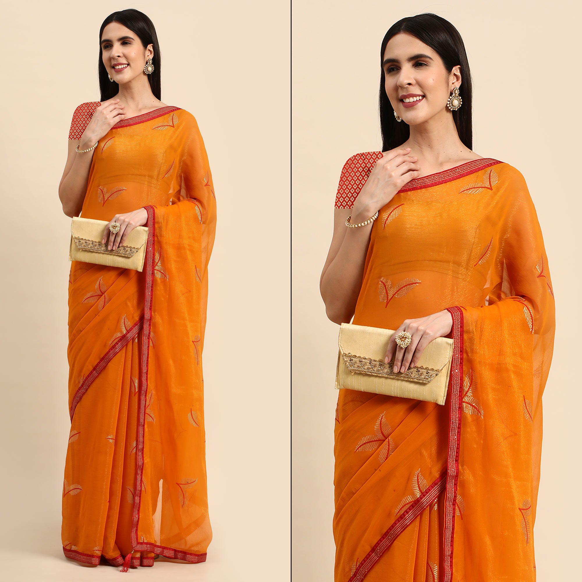 Orange Sequins Embroidered Chiffon Saree With Tassels