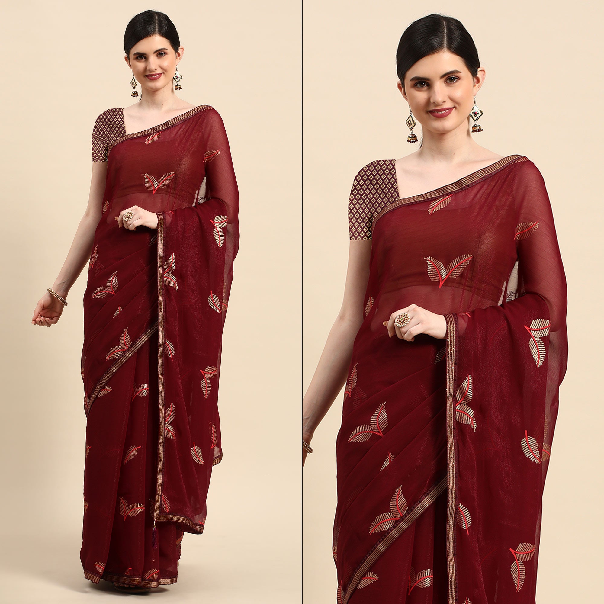 Wine Sequins Embroidered Chiffon Saree With Tassels