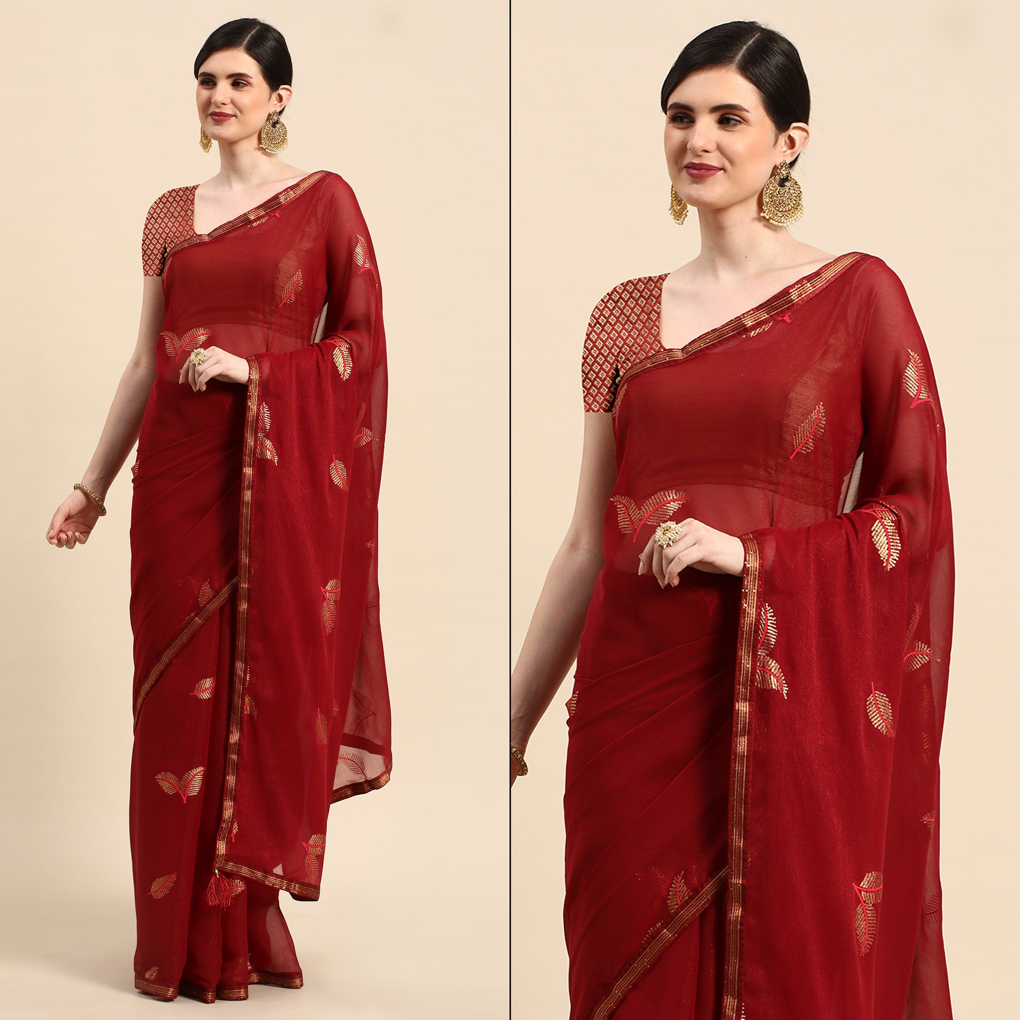 Maroon Sequins Embroidered Chiffon Saree With Tassels