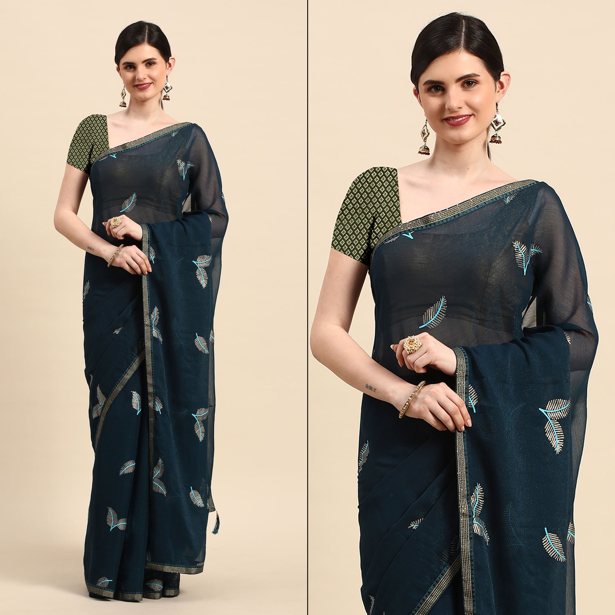 Blue Sequins Embroidered Chiffon Saree With Tassels