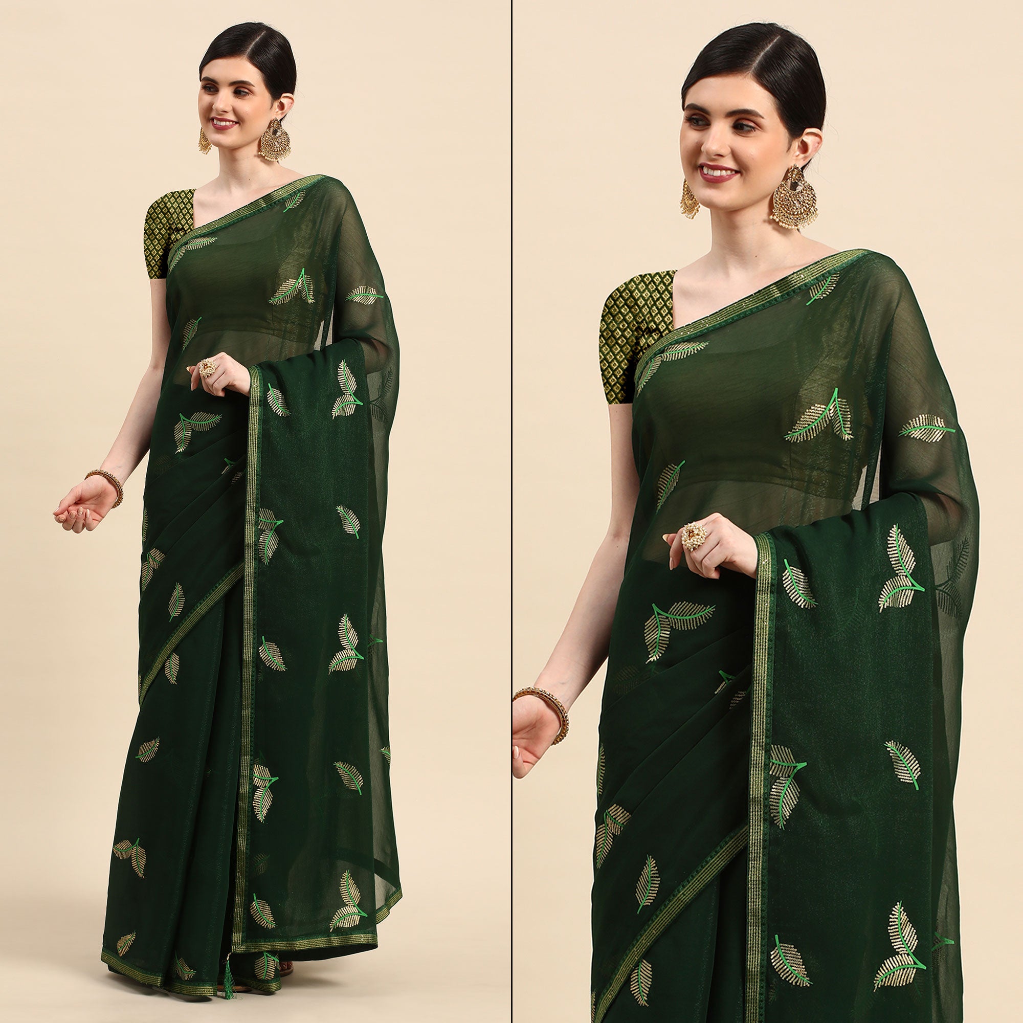 Green Sequins Embroidered Chiffon Saree With Tassels