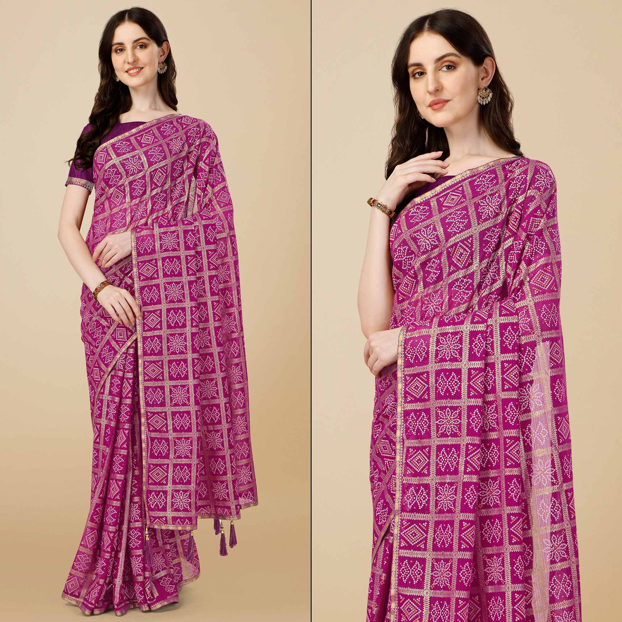 Purple Bandhani Foil Printed Zomato Saree With Tassels