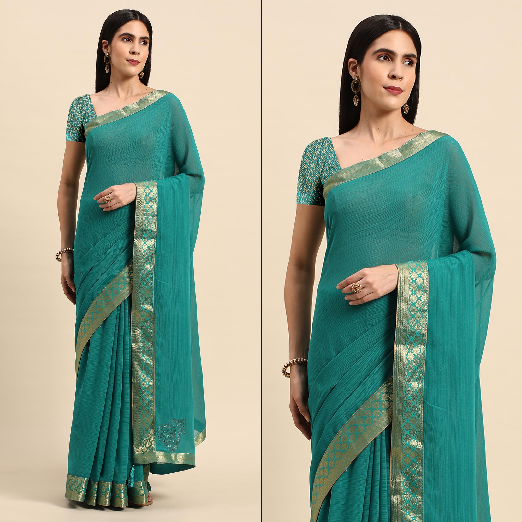 Rama Blue Swarovski Work Chiffon Saree With Zari Border
