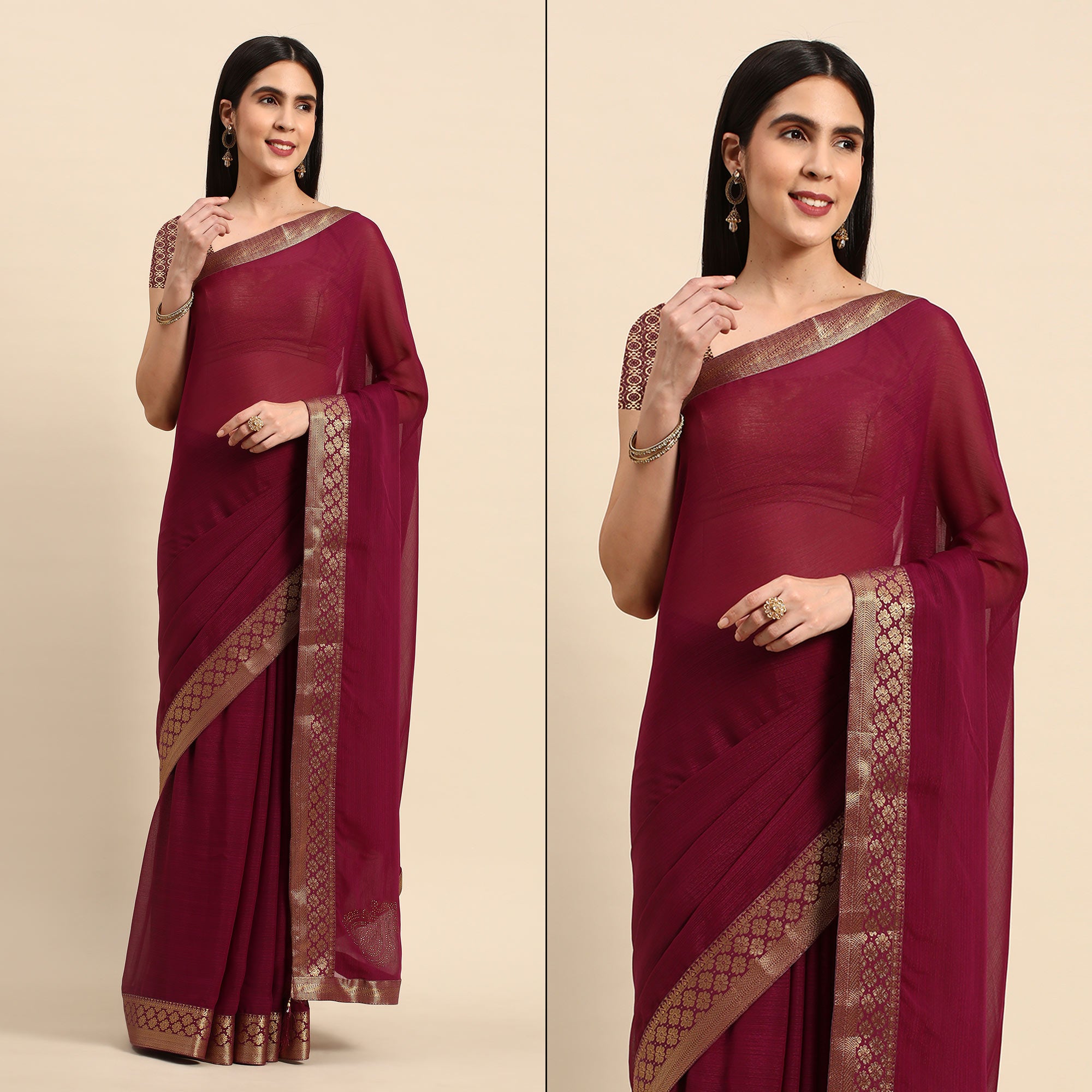 Wine Swarovski Work Chiffon Saree With Zari Border
