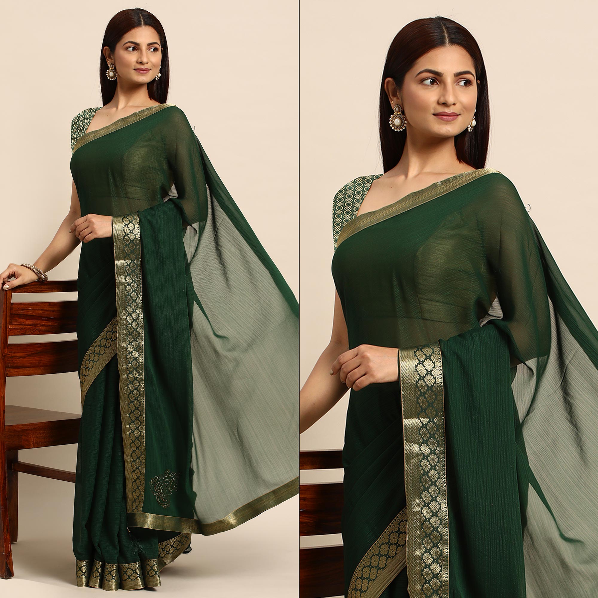 Green Swarovski Work Chiffon Saree With Zari Border