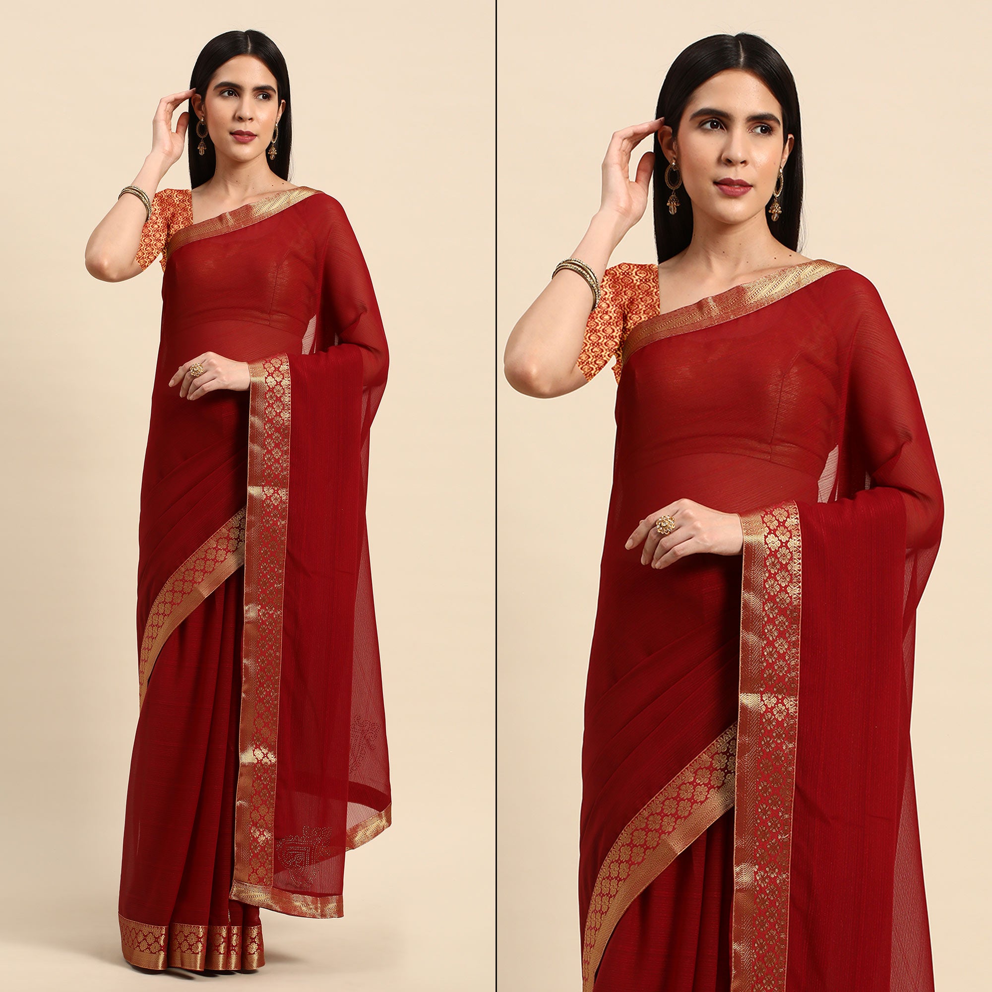 Maroon Swarovski Work Chiffon Saree With Zari Border