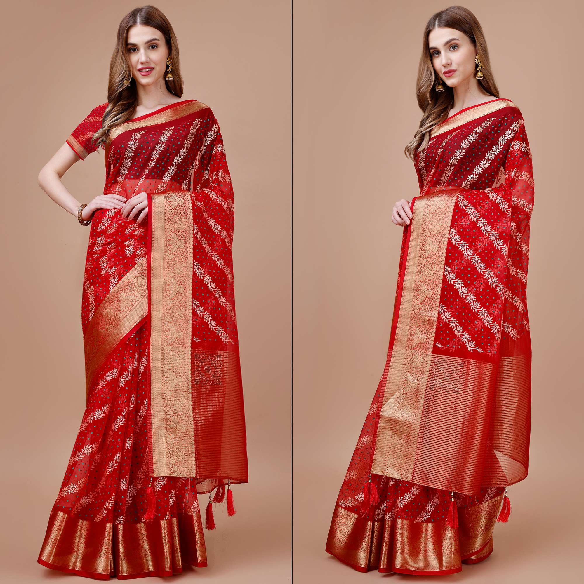 Red Foil Printed Organza Saree With Woven Border