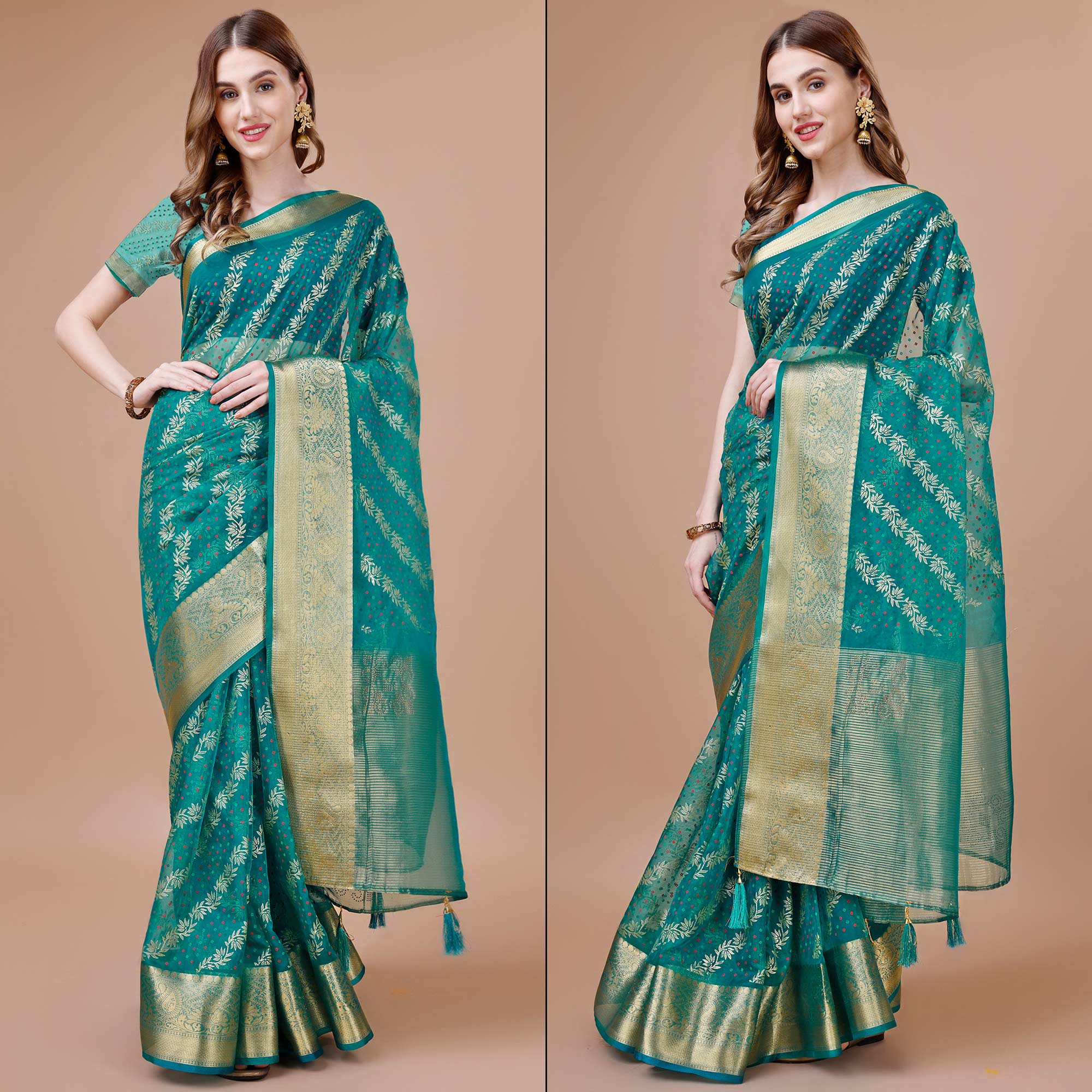 Rama Blue Foil Printed Organza Saree With Woven Border