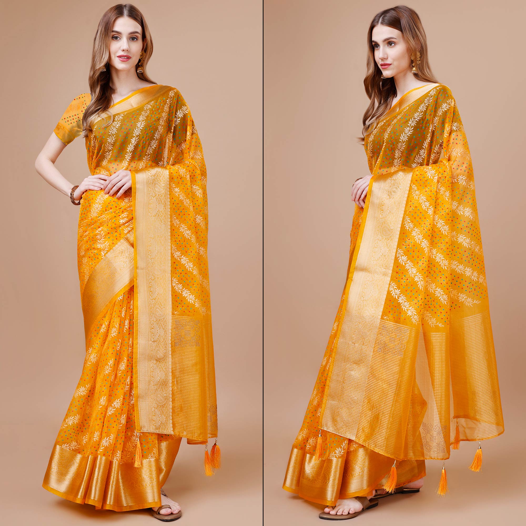 Yellow Foil Printed Organza Saree With Woven Border