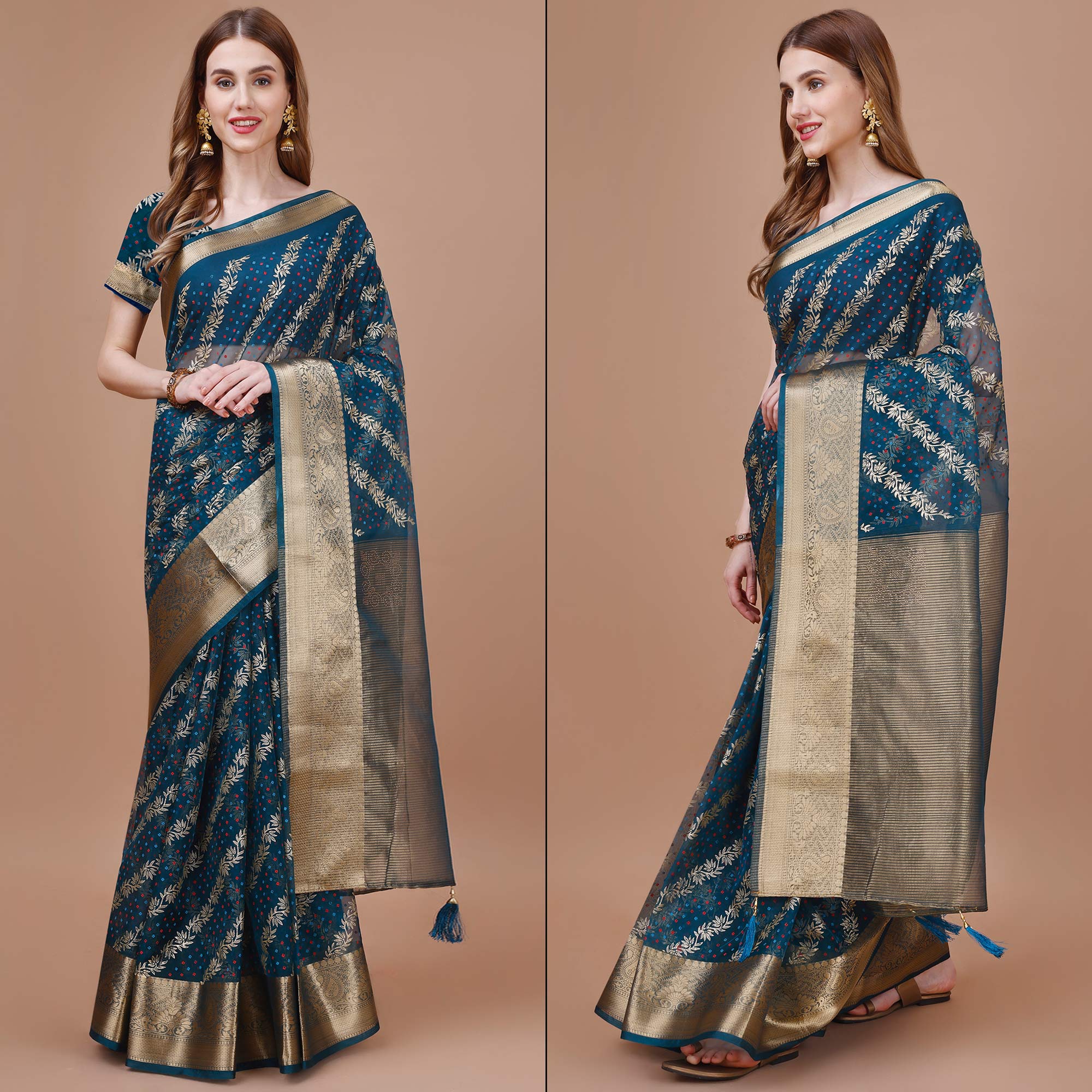 Blue Foil Printed Organza Saree With Woven Border