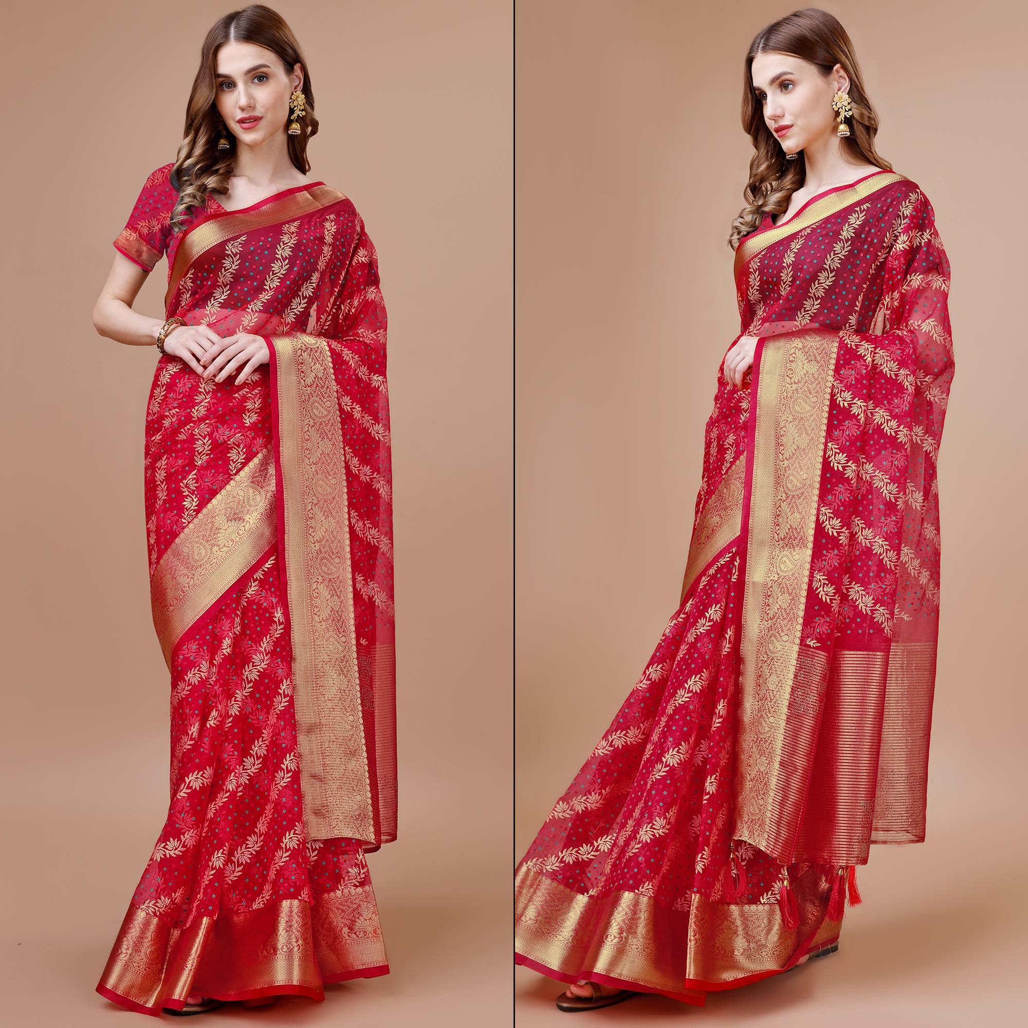 Pink Foil Printed Organza Saree With Woven Border