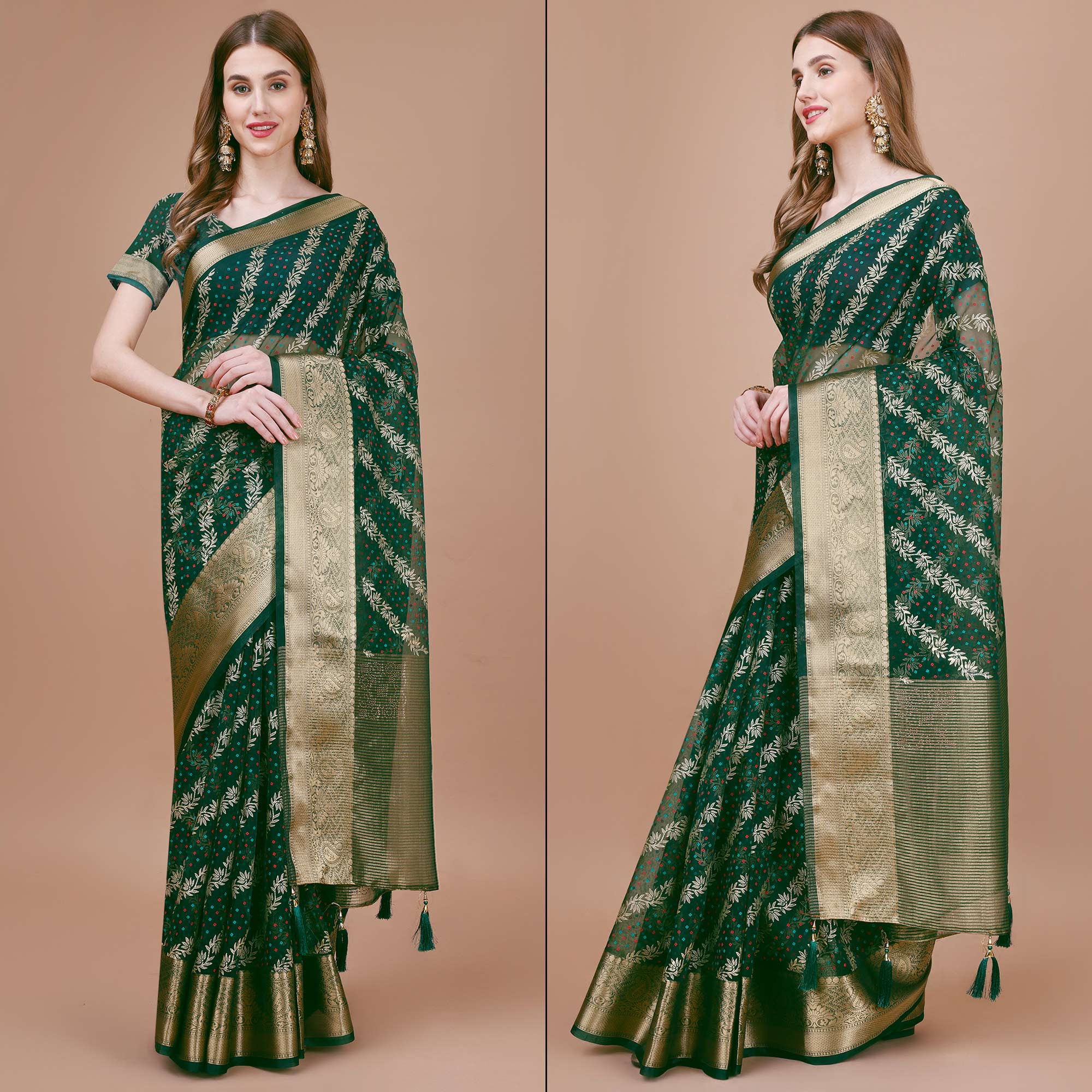 Green Foil Printed Organza Saree With Woven Border