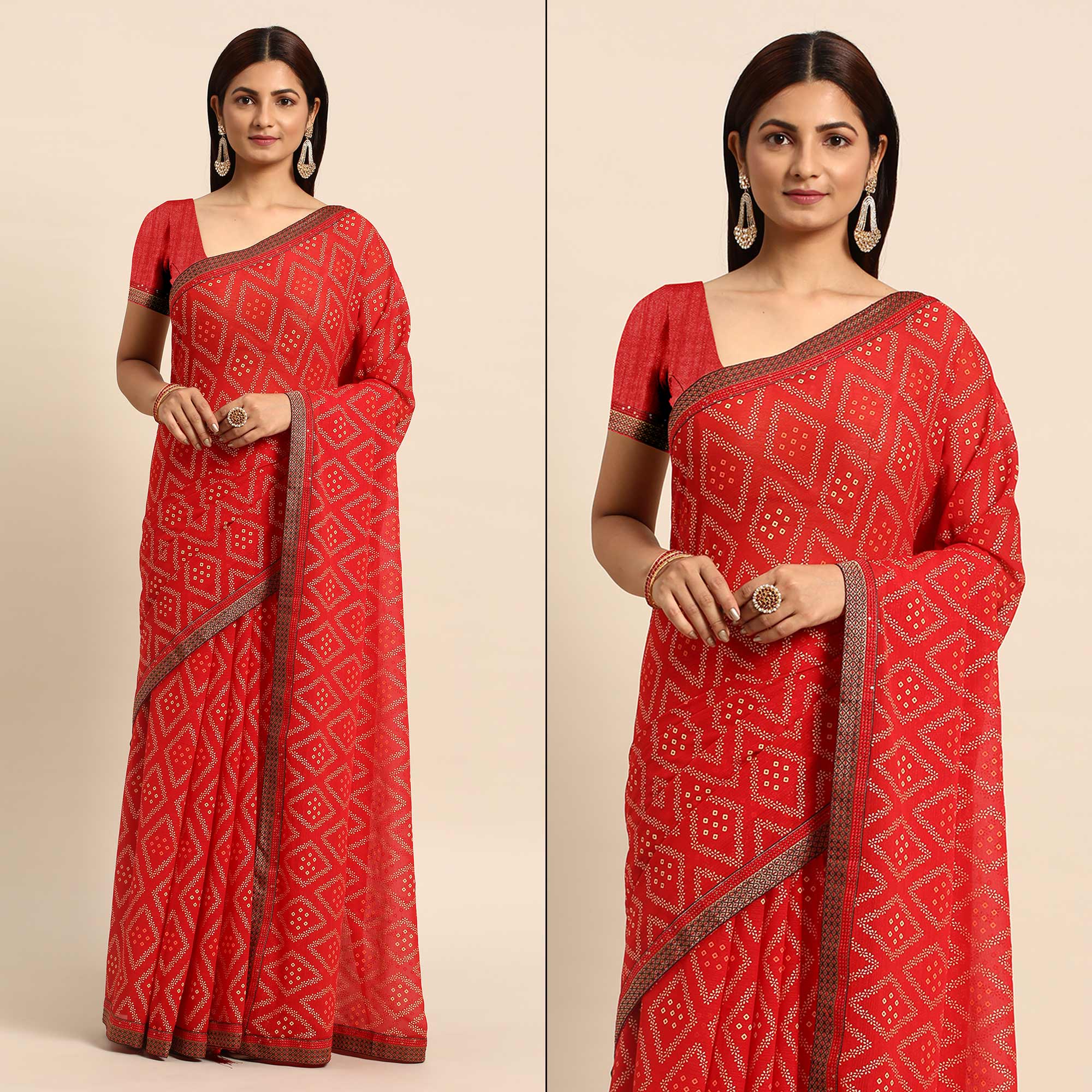 Red Floral Foil Printed Chiffon Saree With Tassels