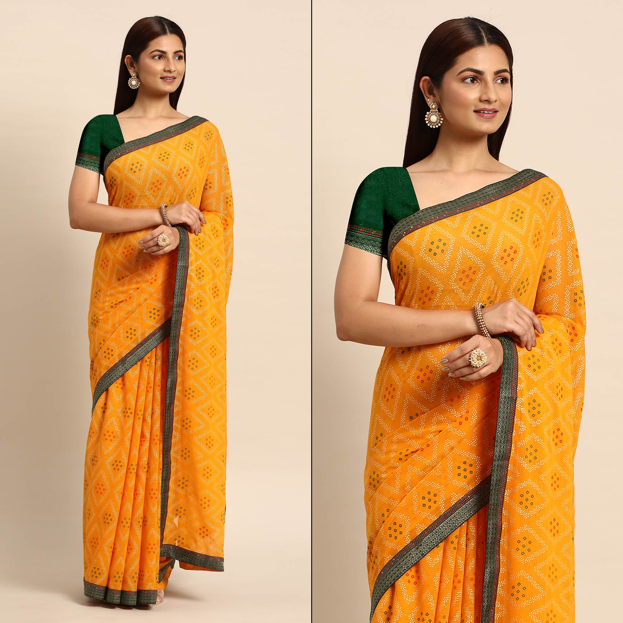 Yellow Floral Foil Printed Chiffon Saree With Tassels