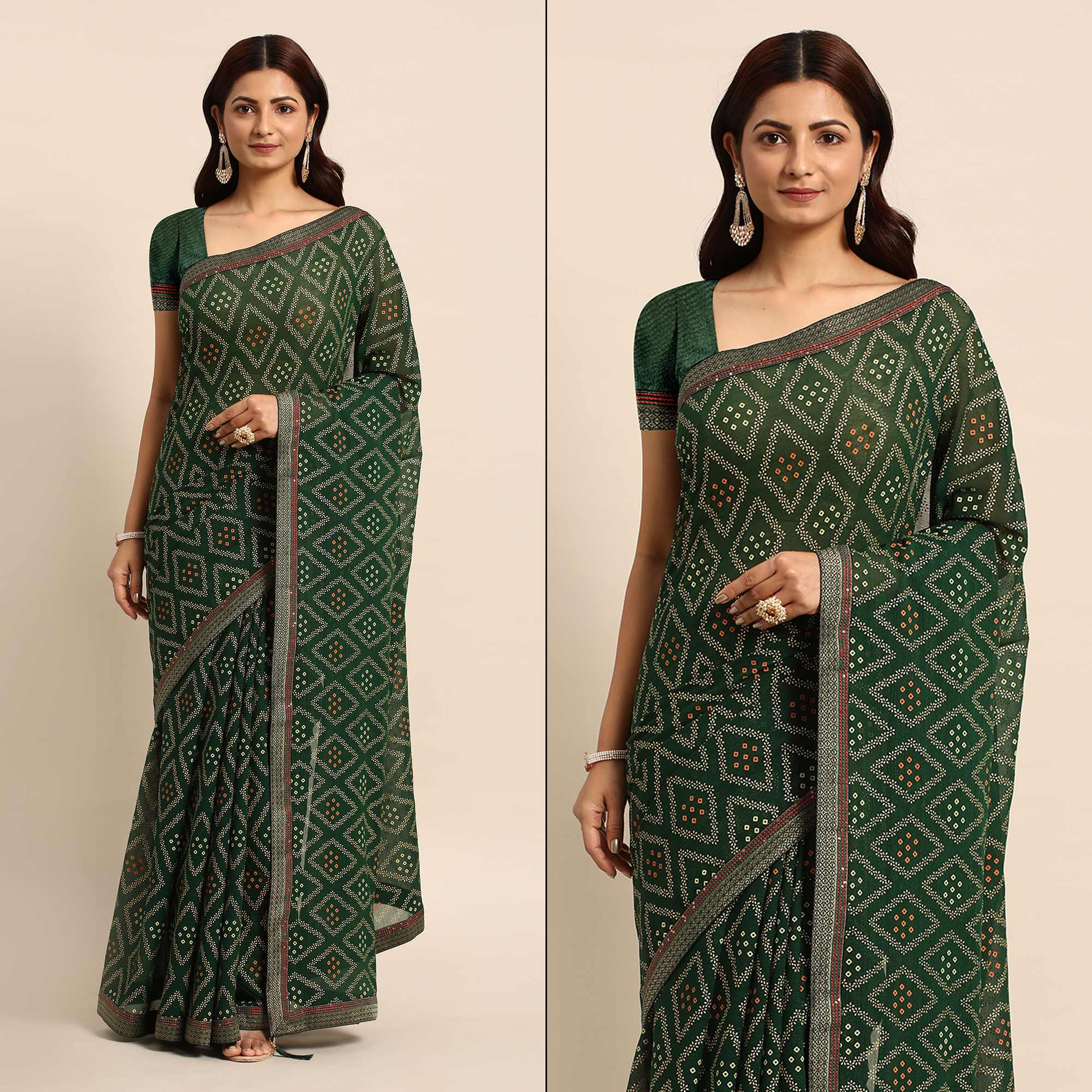 Green Floral Foil Printed Chiffon Saree With Tassels