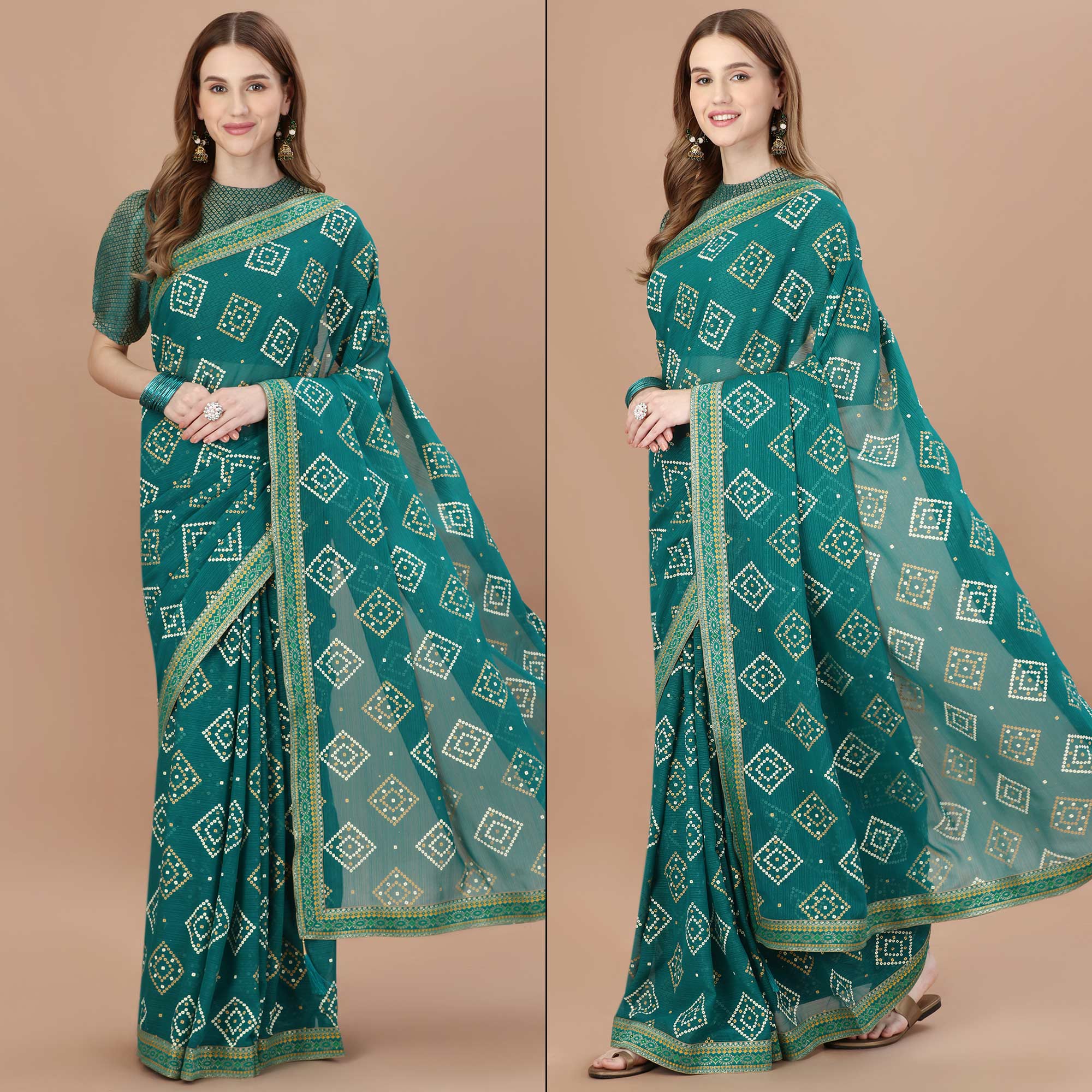 Teal Blue Bandhani Printed Chiffon Saree