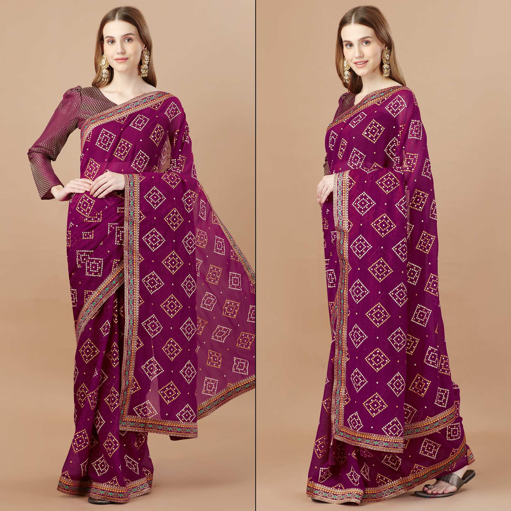 Purple Bandhani Printed Chiffon Saree