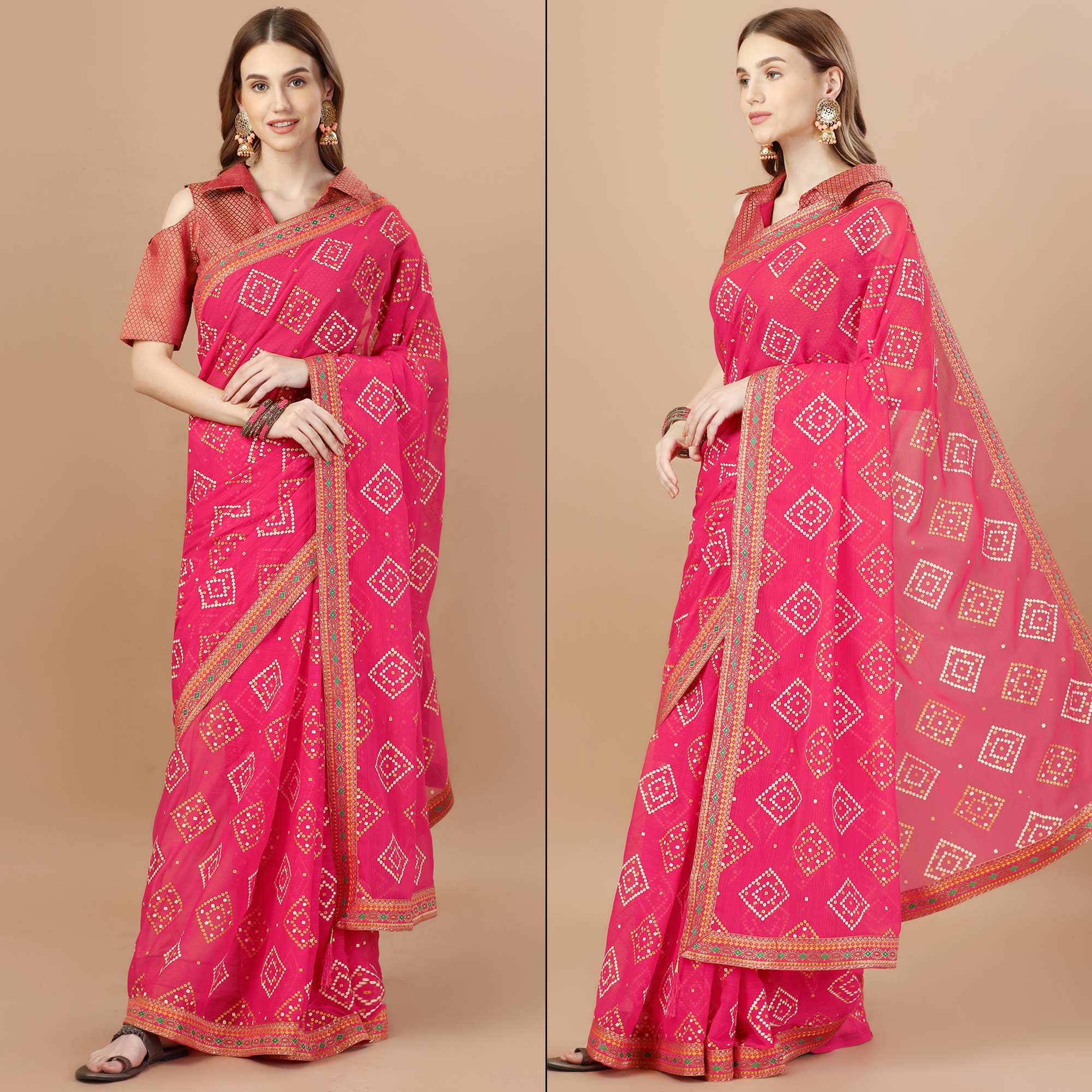 Pink Bandhani Printed Chiffon Saree