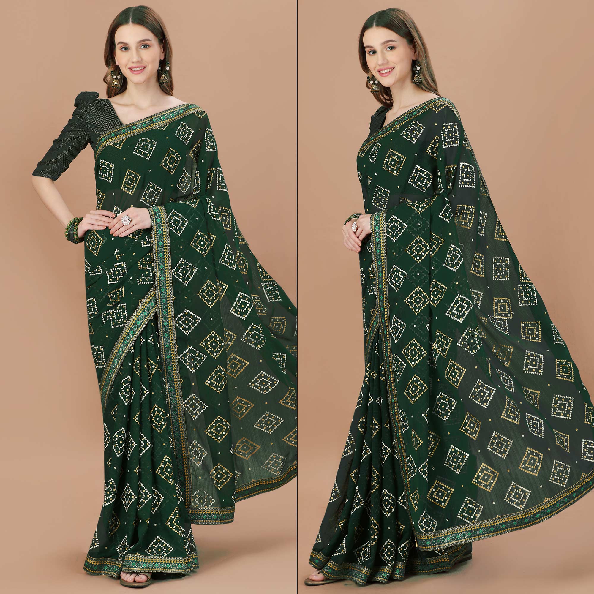 Green Bandhani Printed Chiffon Saree