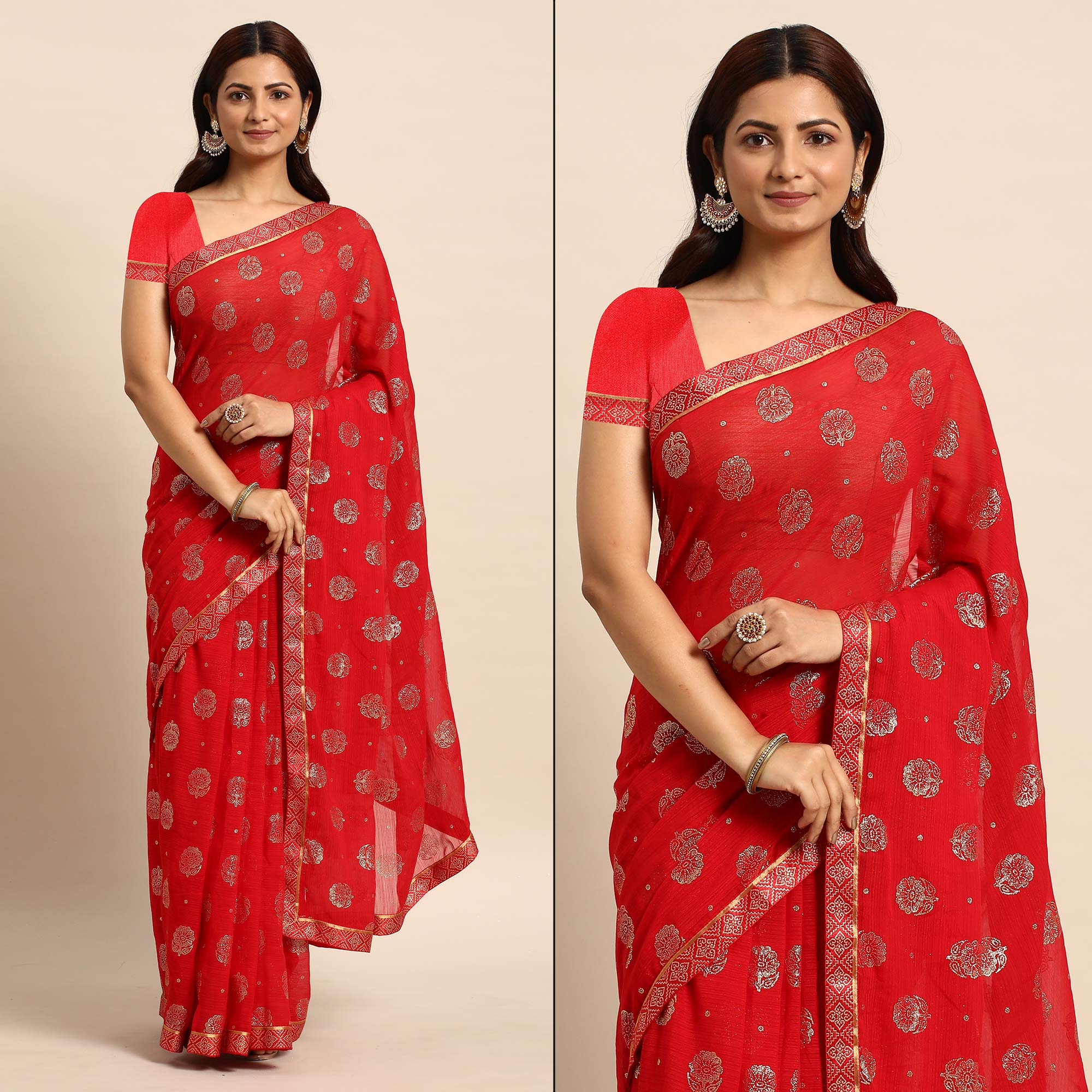 Red Foil Printed With Embellished Chiffon Saree