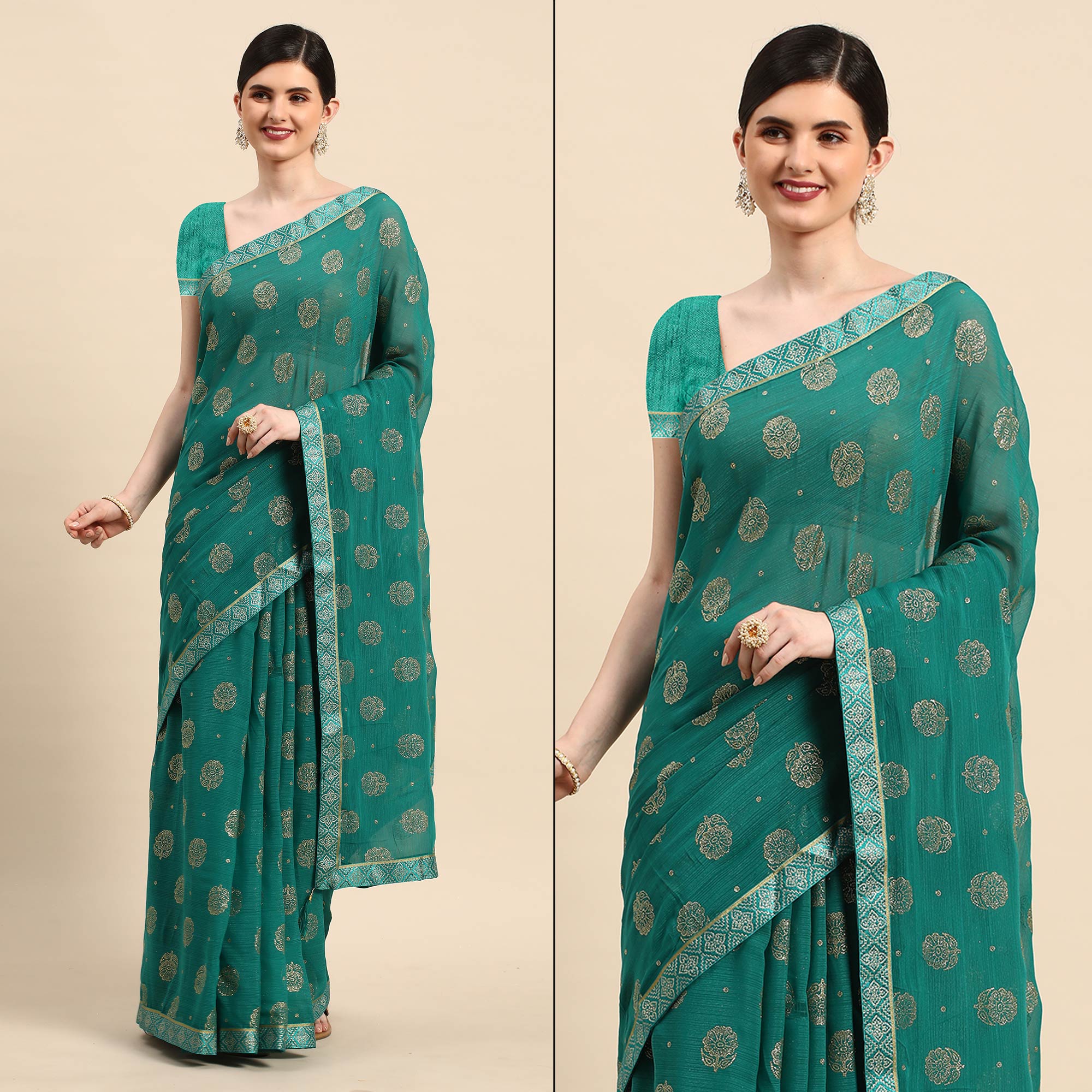 Rama Green Foil Printed With Embellished Chiffon Saree
