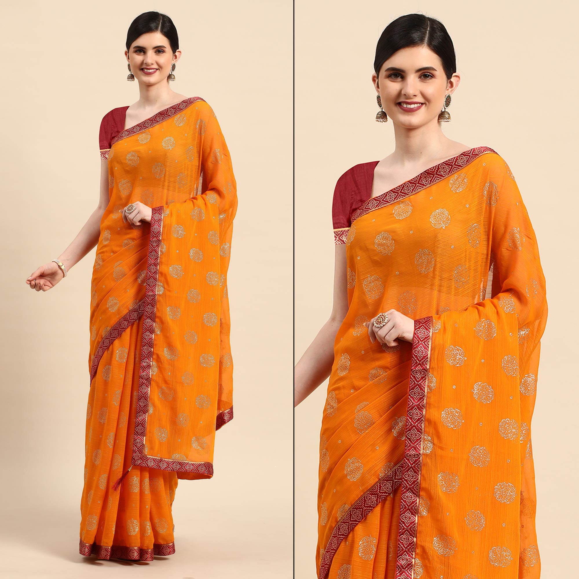 Mustard Foil Printed With Embellished Chiffon Saree