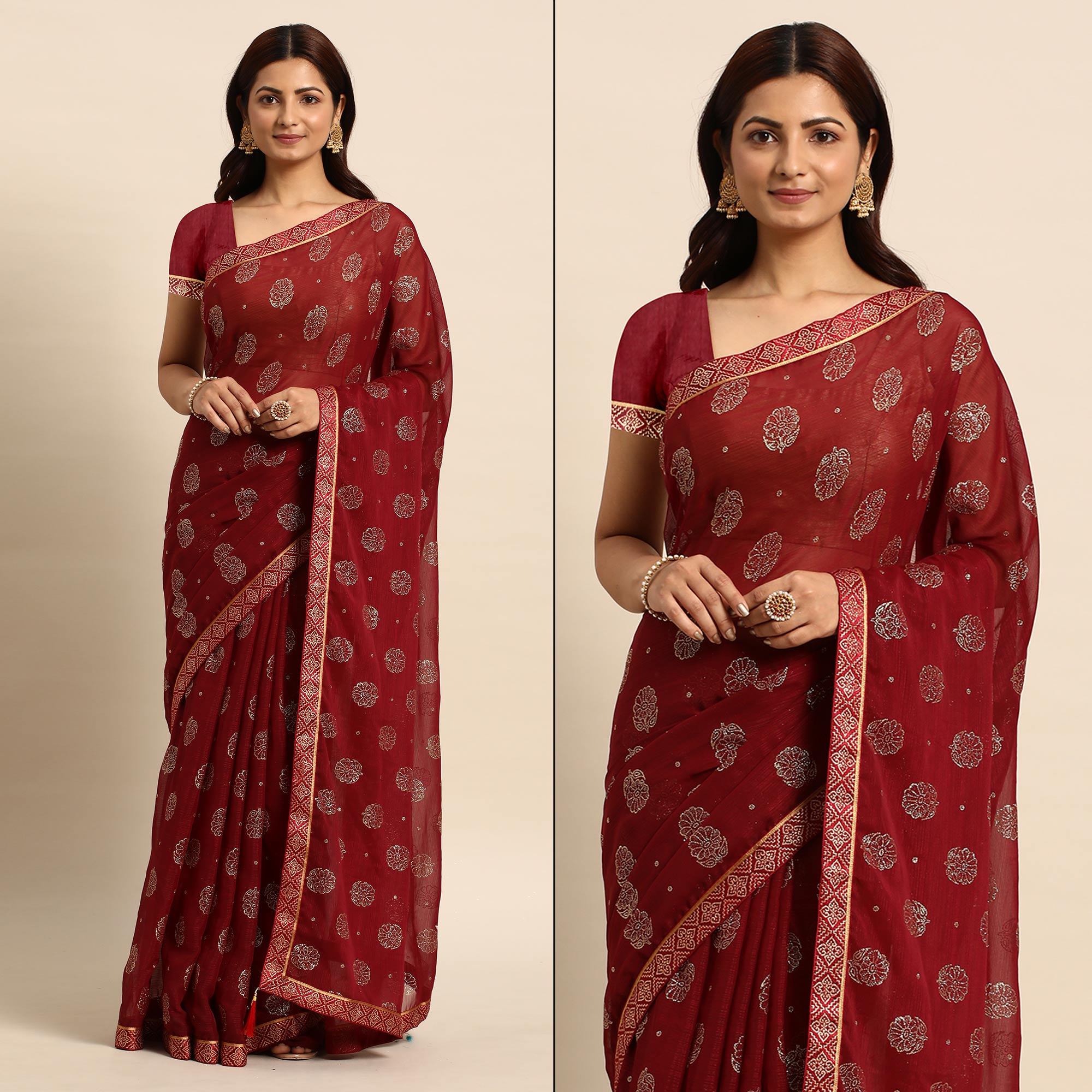 Maroon Foil Printed With Embellished Chiffon Saree