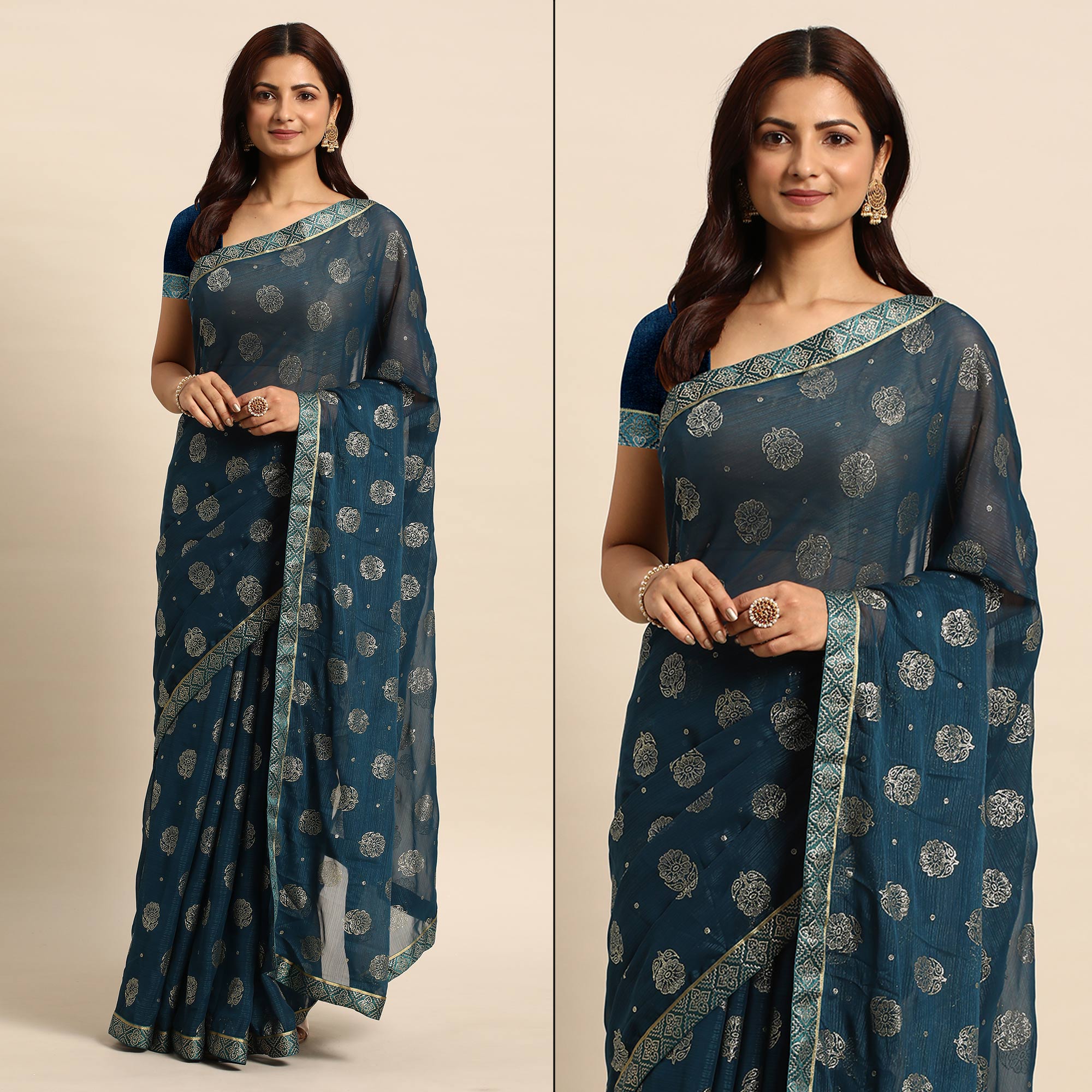 Teal Blue Foil Printed With Embellished Chiffon Saree