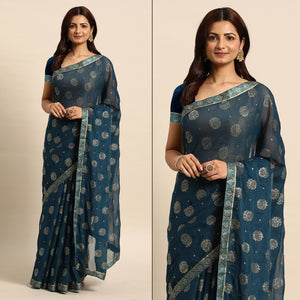 Teal Blue Foil Printed With Embellished Chiffon Saree