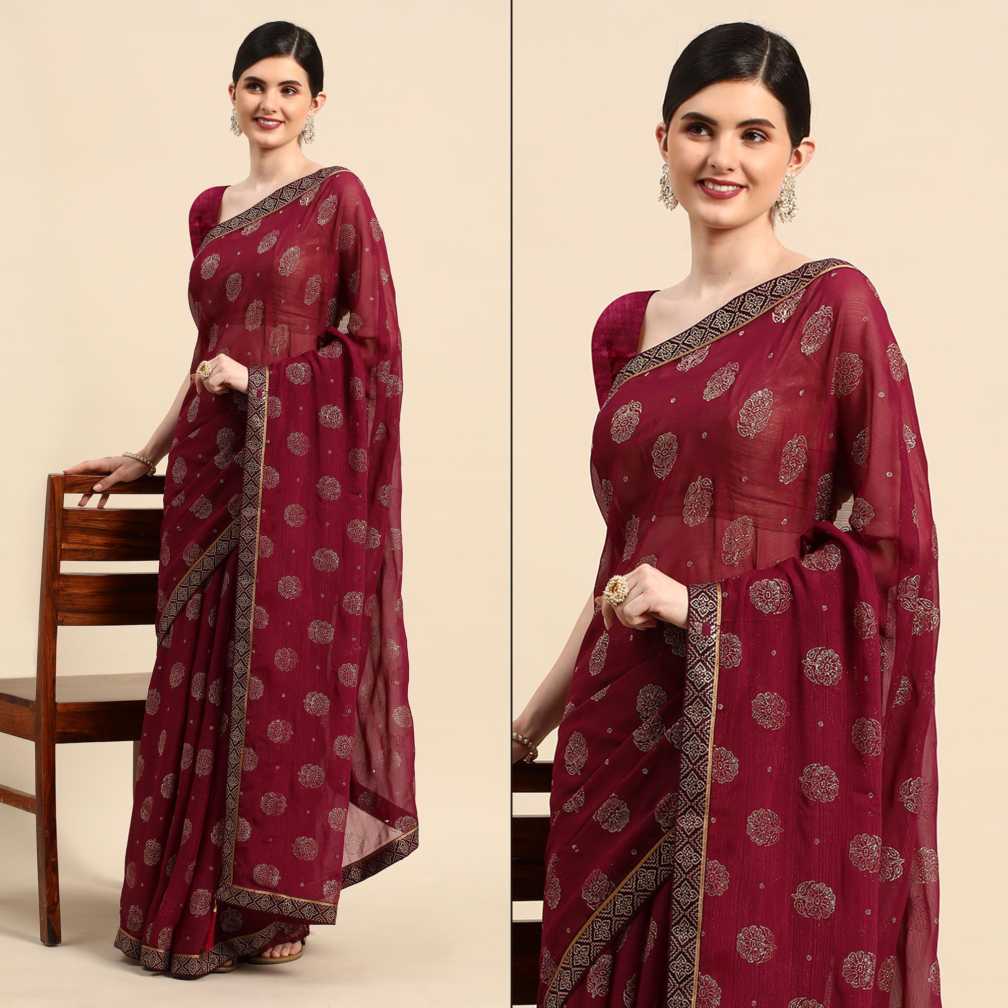 Purple Foil Printed With Embellished Chiffon Saree