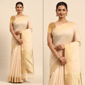 Beige Woven Zari Cotton Silk Saree