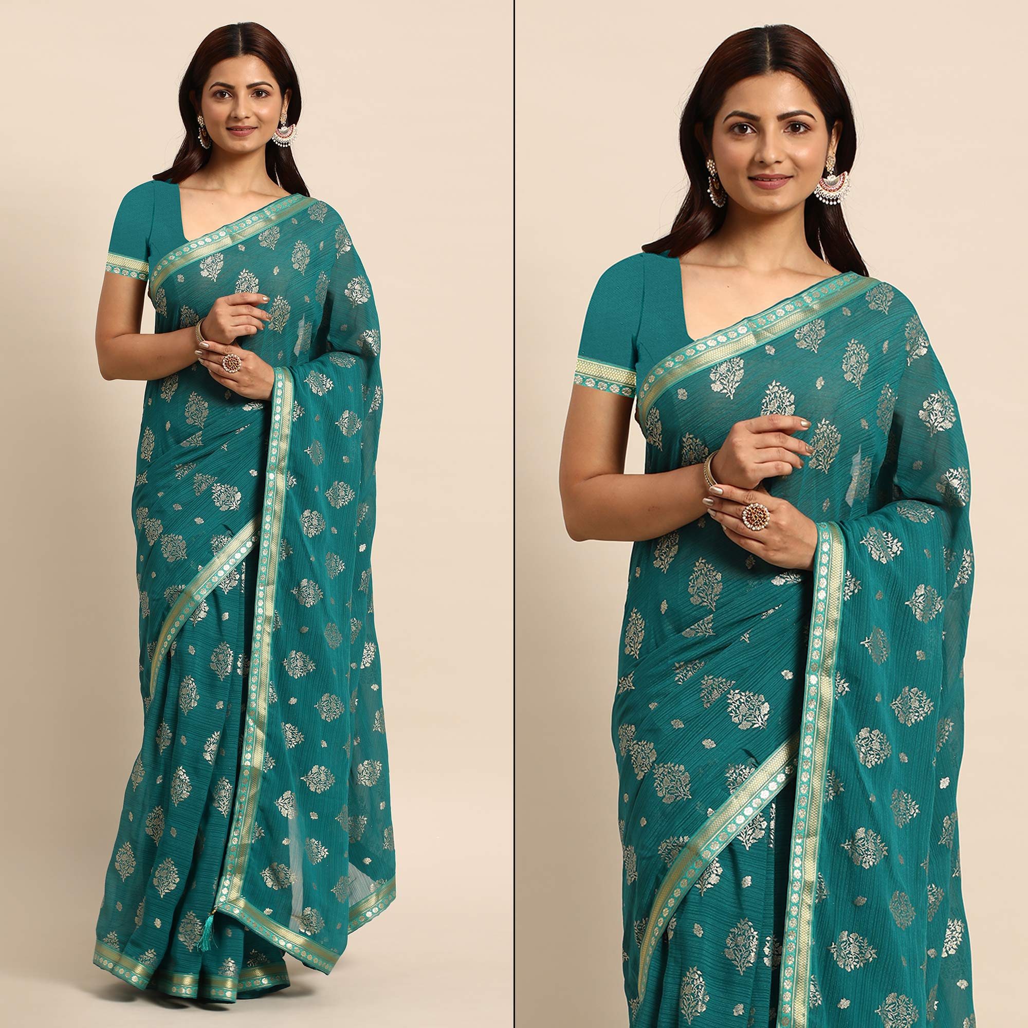 Turquoise  Floral Foil Printed Chiffon Saree With Tassels