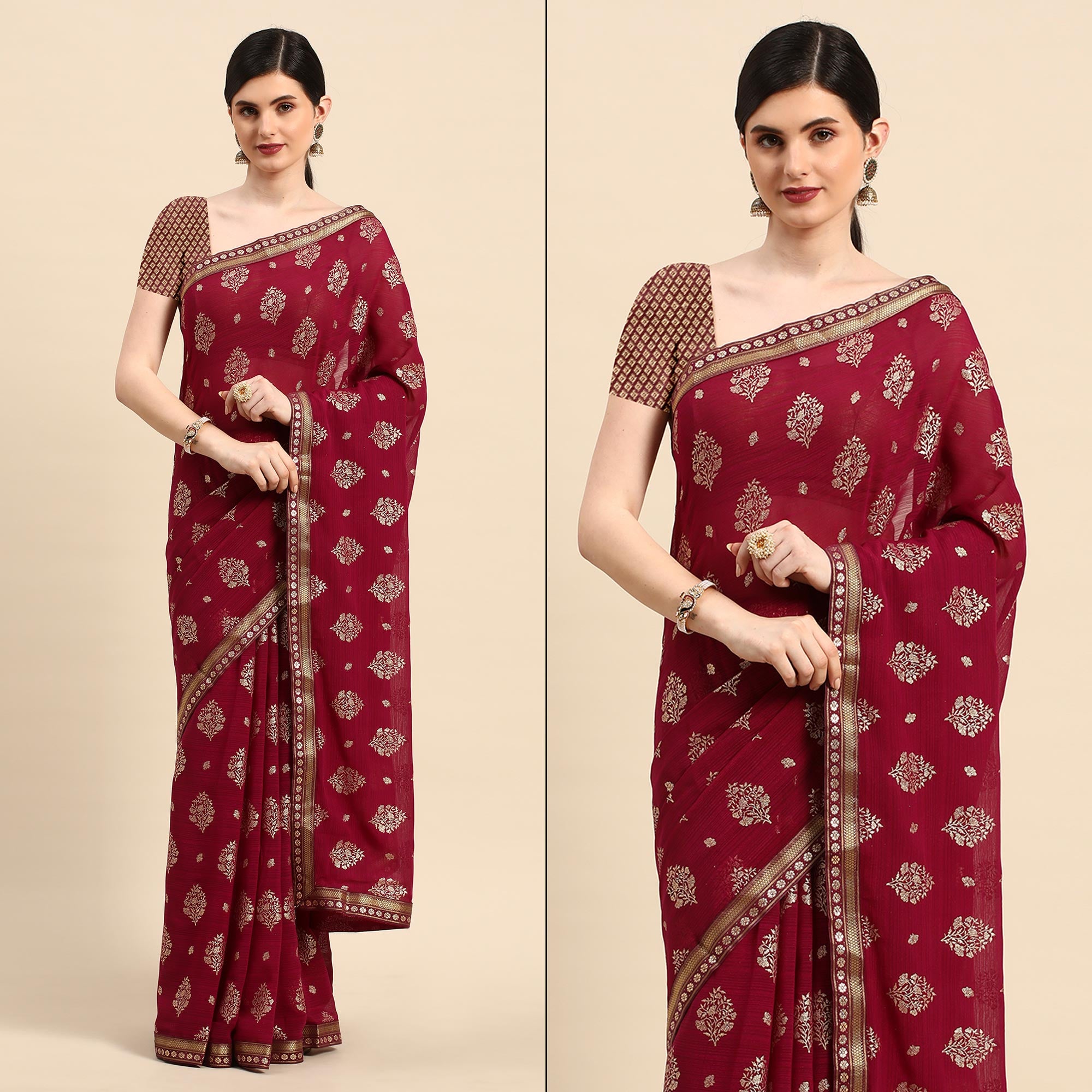 Wine Floral Foil Printed Chiffon Saree With Tassels