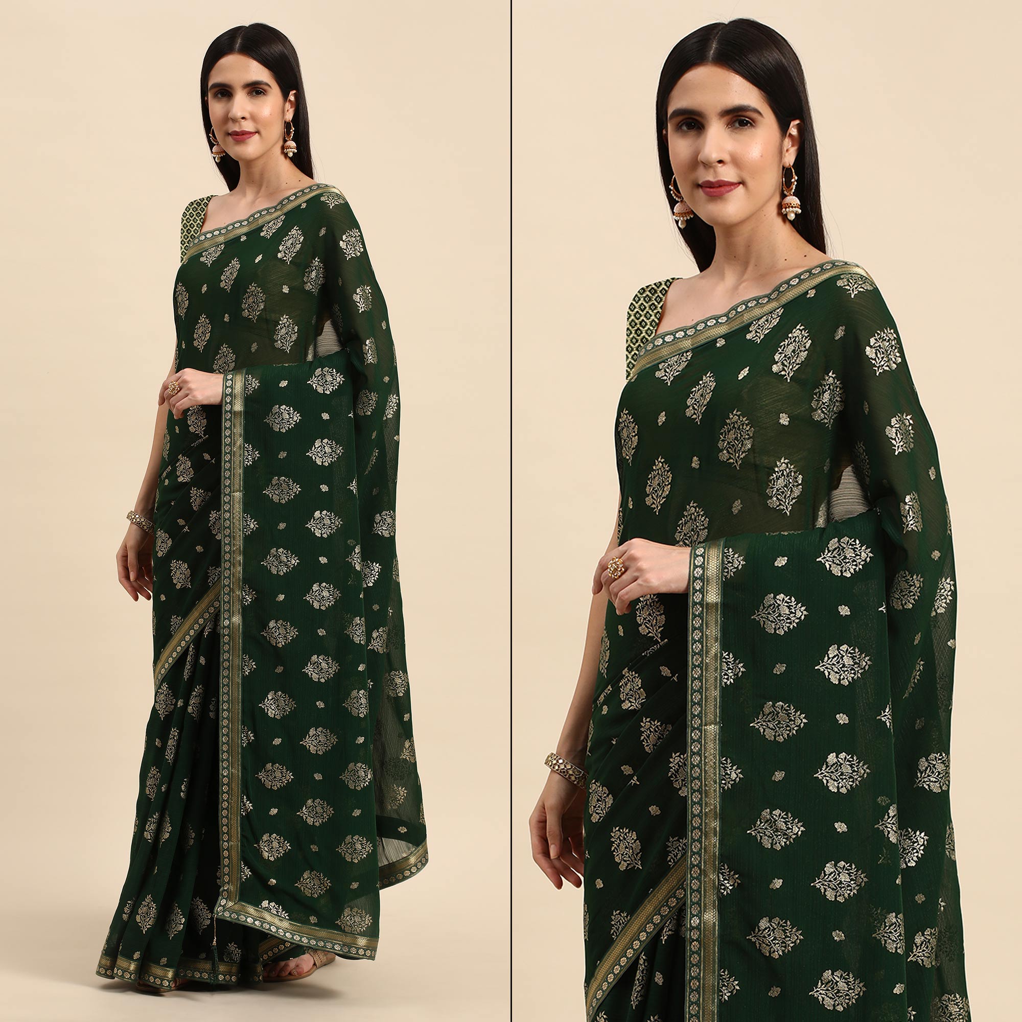 Green Floral Foil Printed Chiffon Saree With Tassels