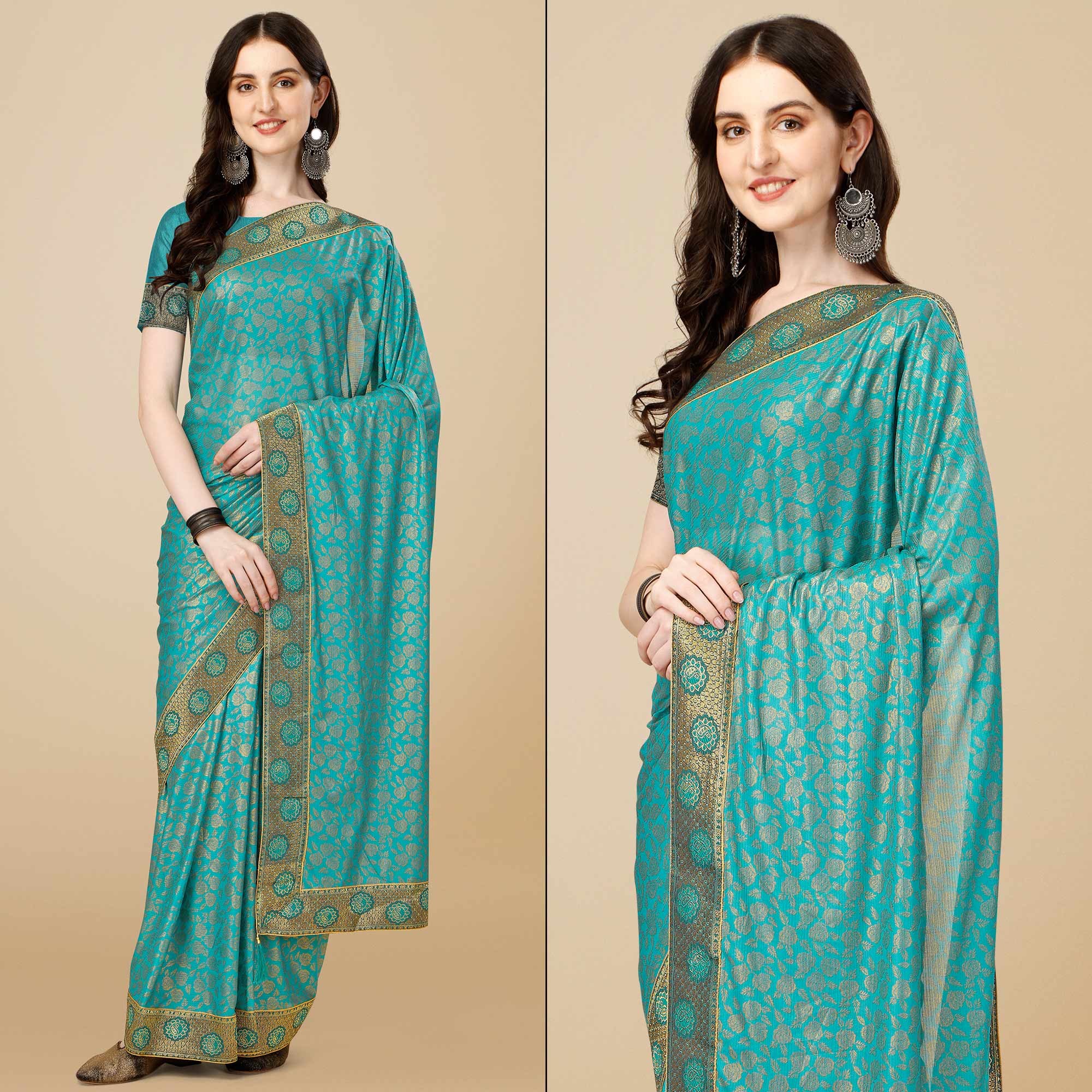 Teal Blue Floral Handloom Woven Rayon Saree