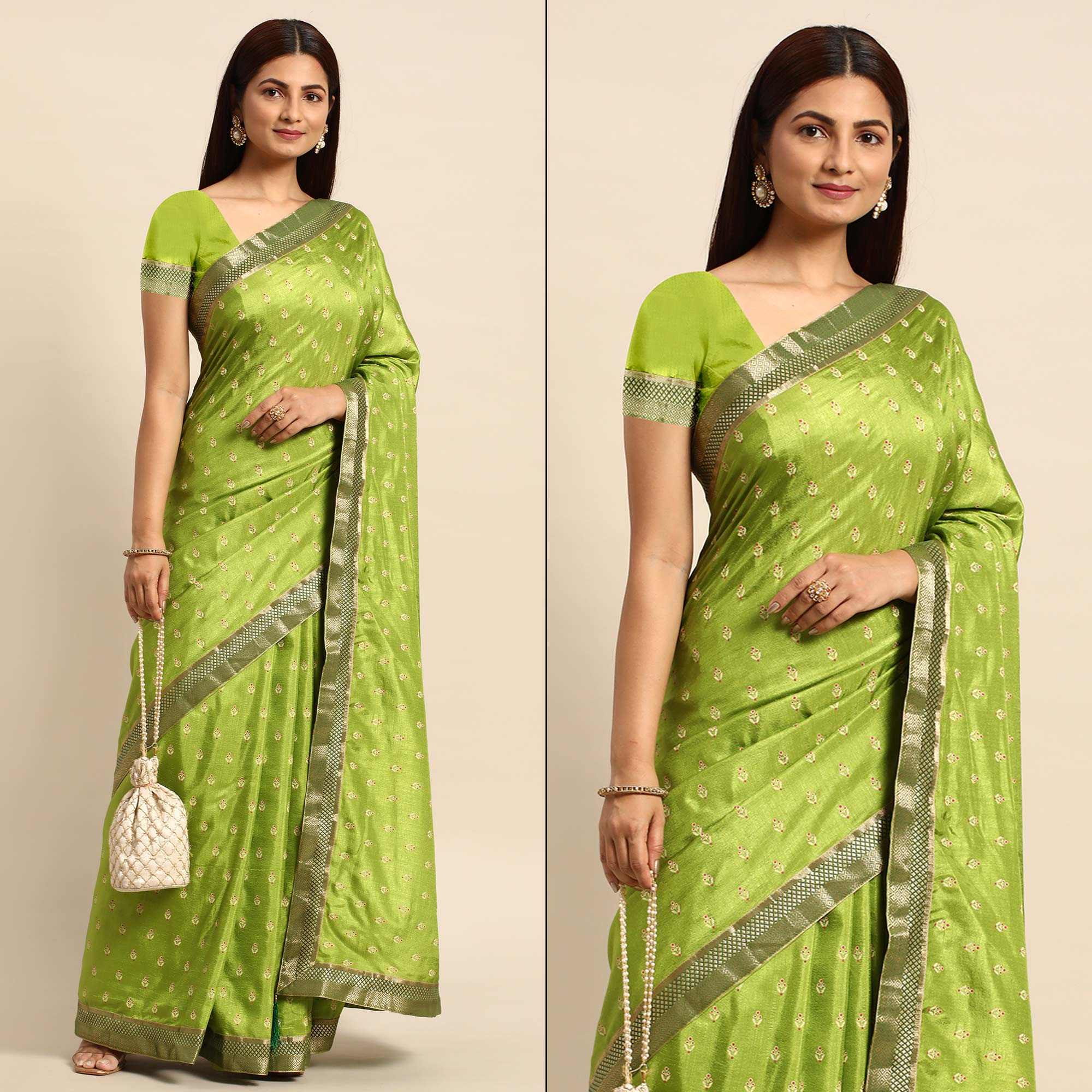 Green Floral Printed Vichitra Silk Saree With Tassels