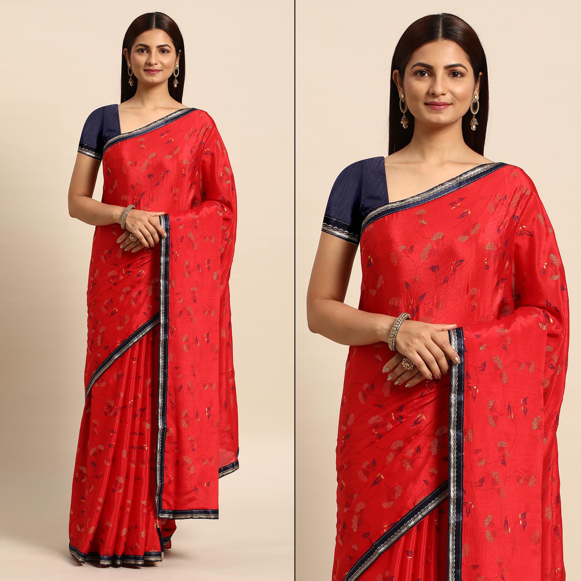 Red Foil Printed Chiffon Saree