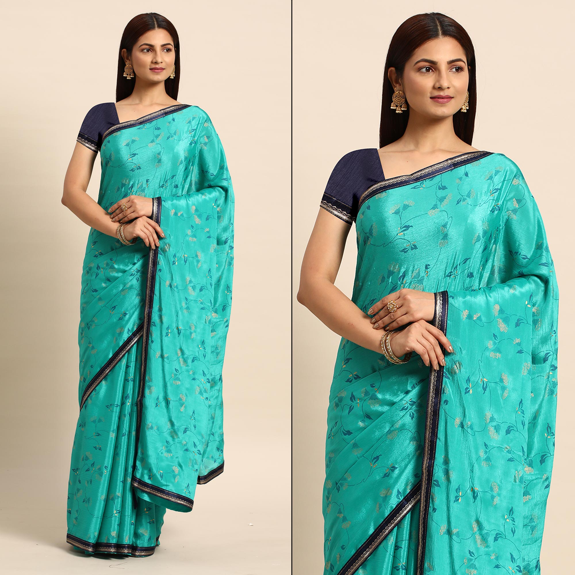 Rama Blue Foil Printed Chiffon Saree