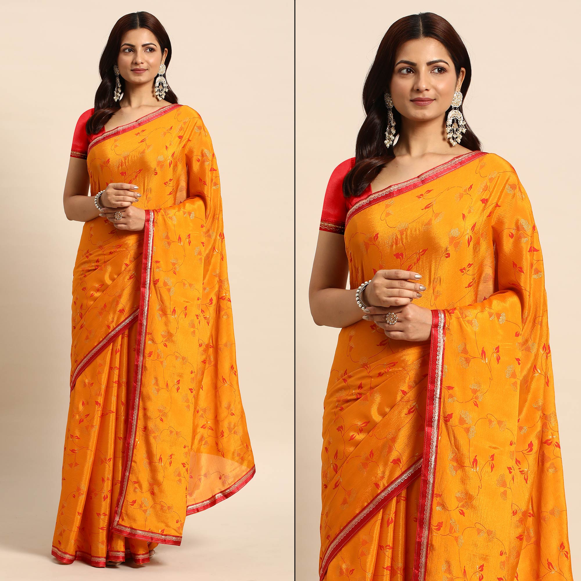 Orange Foil Printed Chiffon Saree