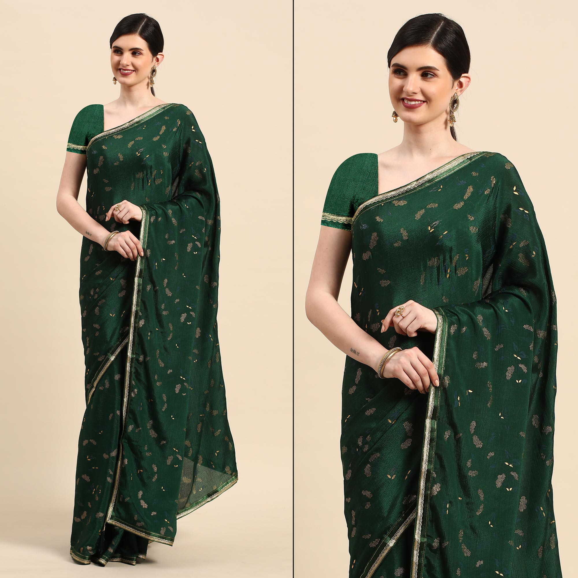 Green Foil Printed Chiffon Saree