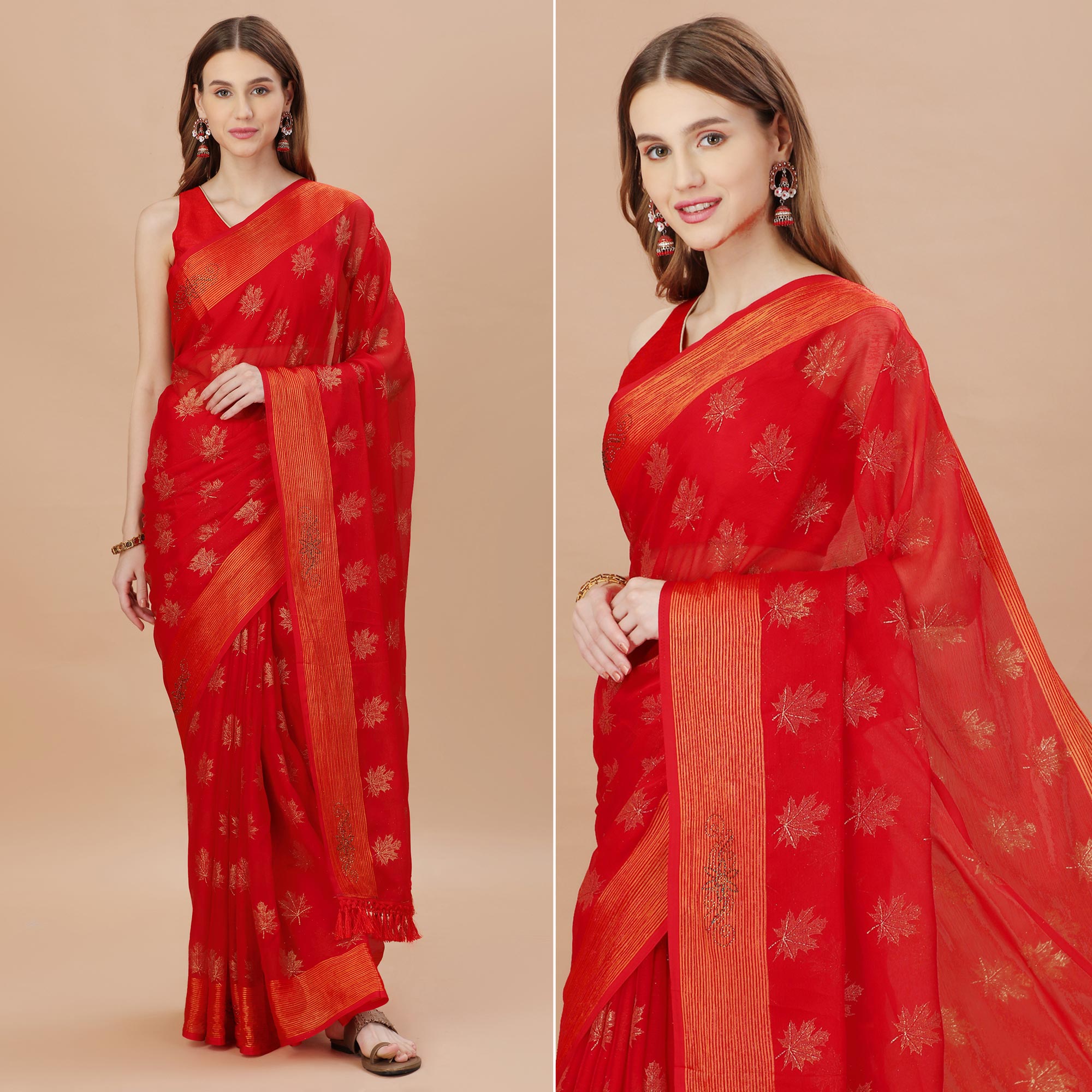 Red Zari Work Chiffon Saree With Tassels