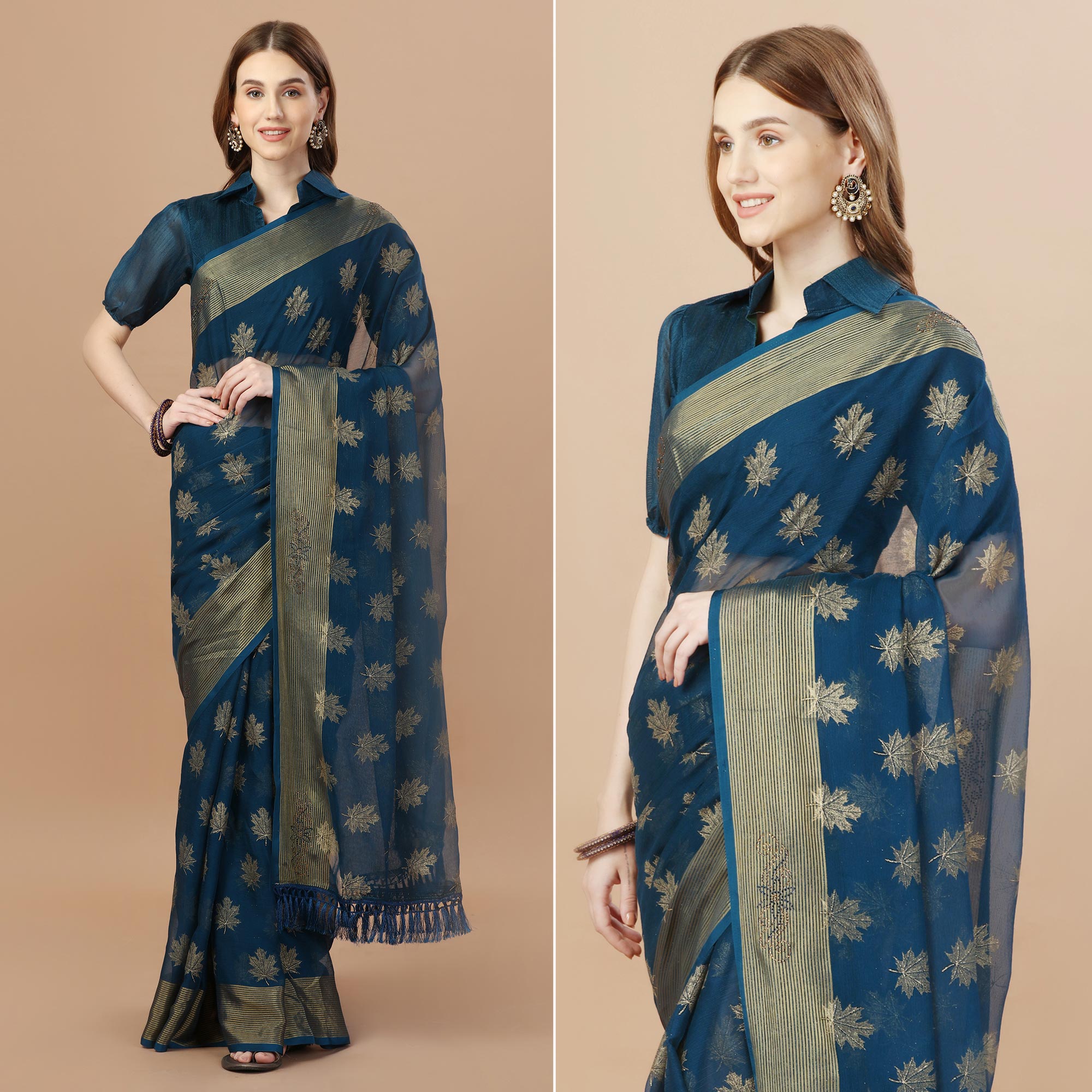 Teal Blue Zari Work Chiffon Saree With Tassels