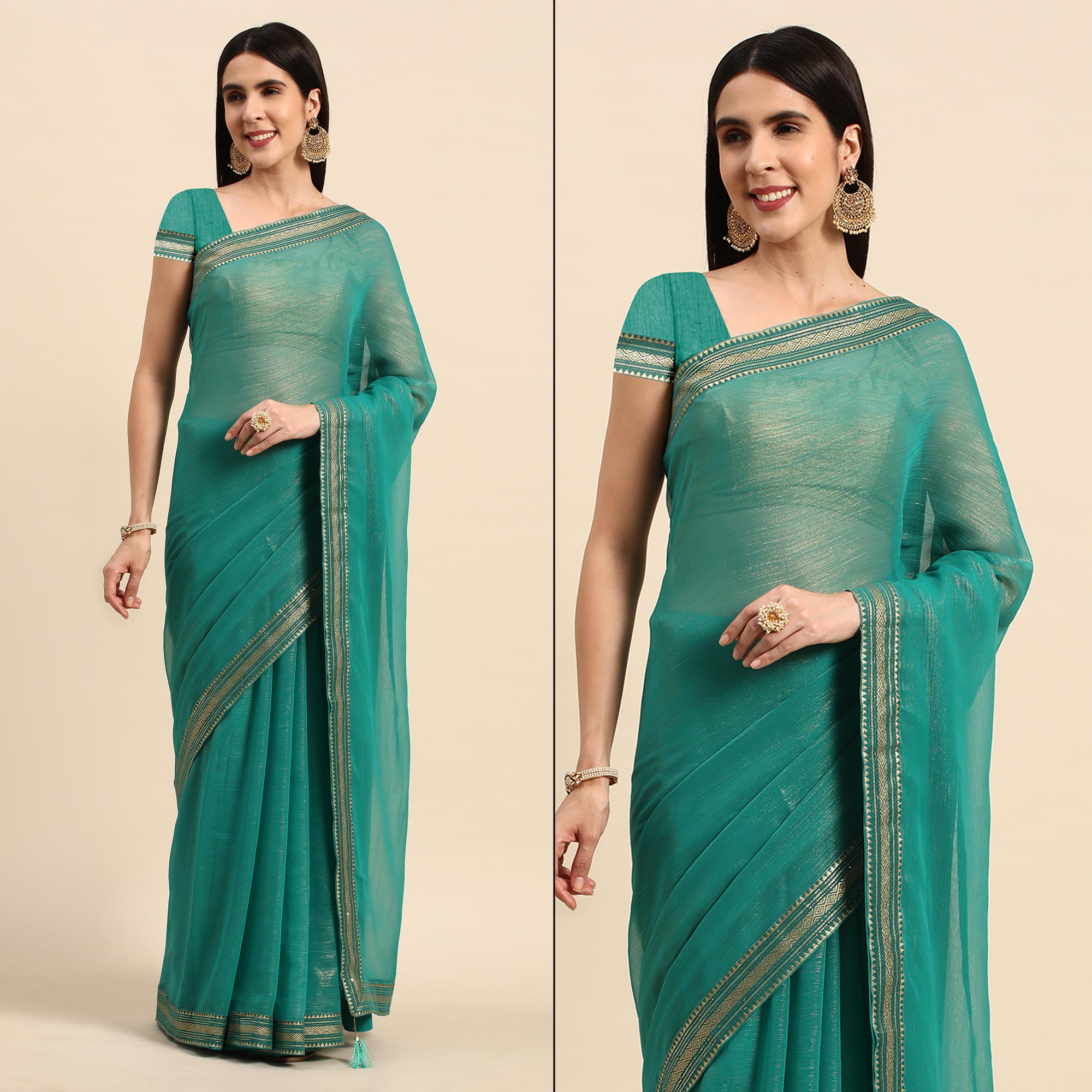 Turquoise  Solid With Woven Border Chiffon Saree With Tassels