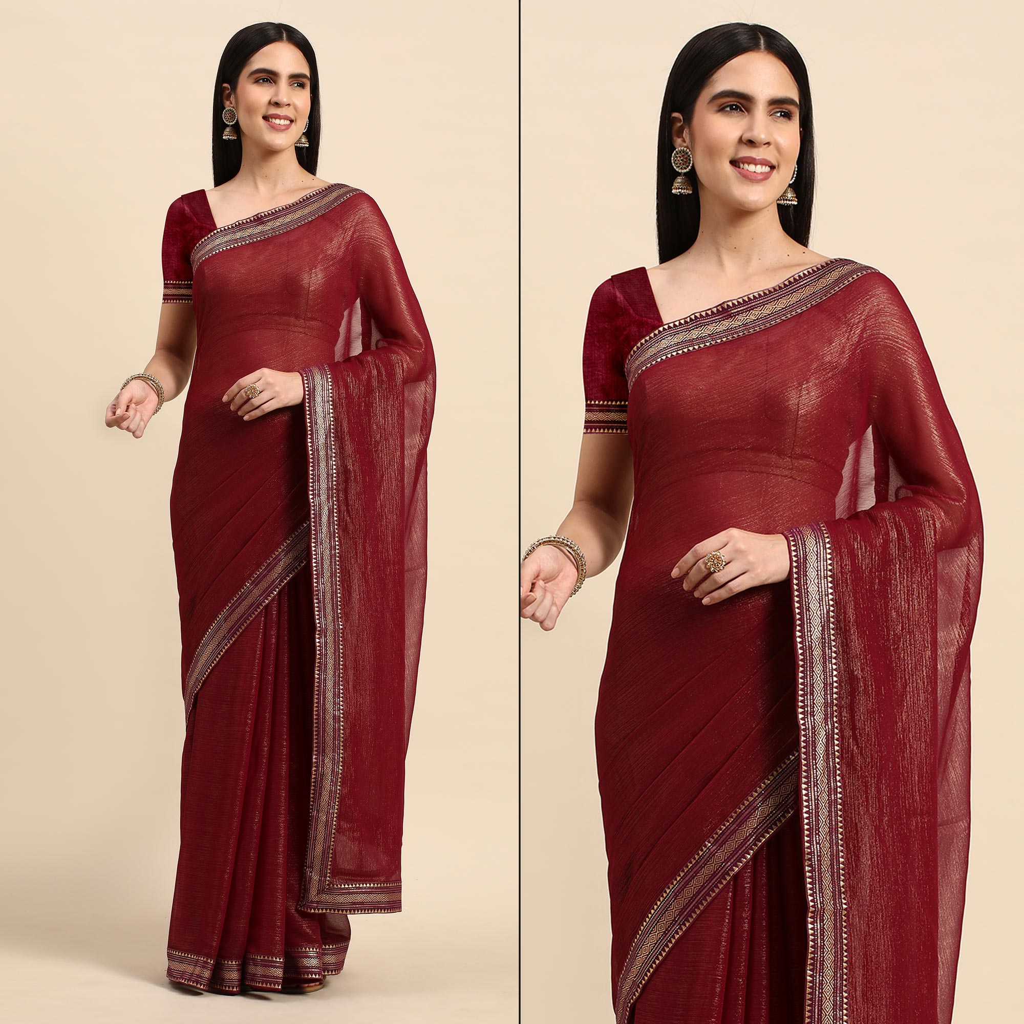 Wine Solid With Woven Border Chiffon Saree With Tassels