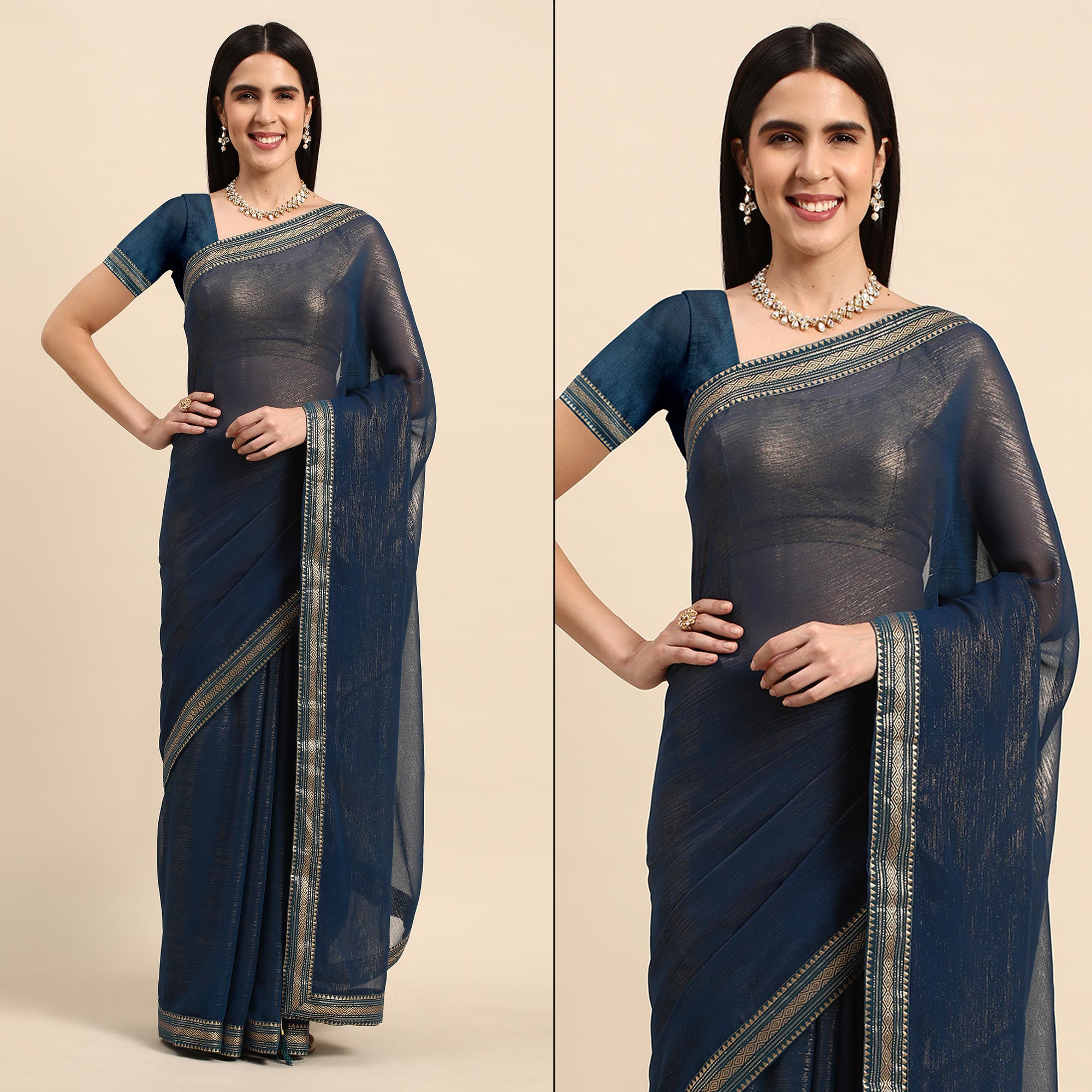 Blue Solid With Woven Border Chiffon Saree With Tassels
