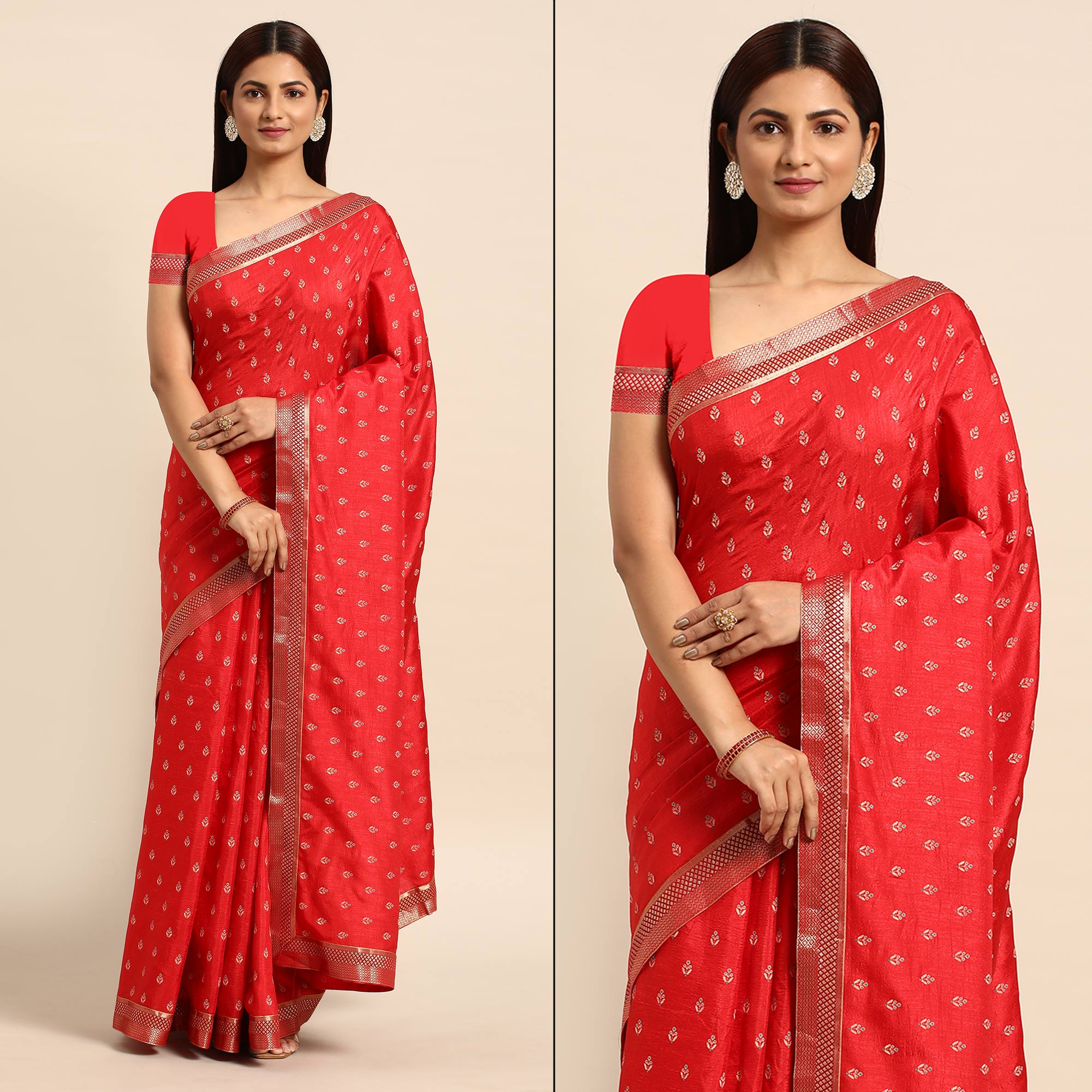 Red Floral Printed Vichitra Silk Saree With Tassels