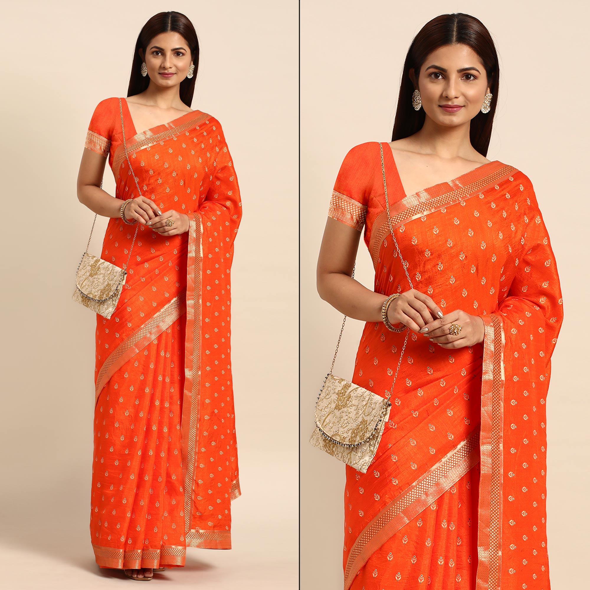 Orange Floral Printed Vichitra Silk Saree With Tassels