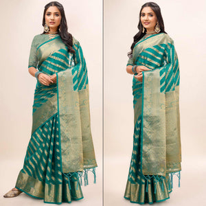 Rama Green Woven Organza Saree With Tassels